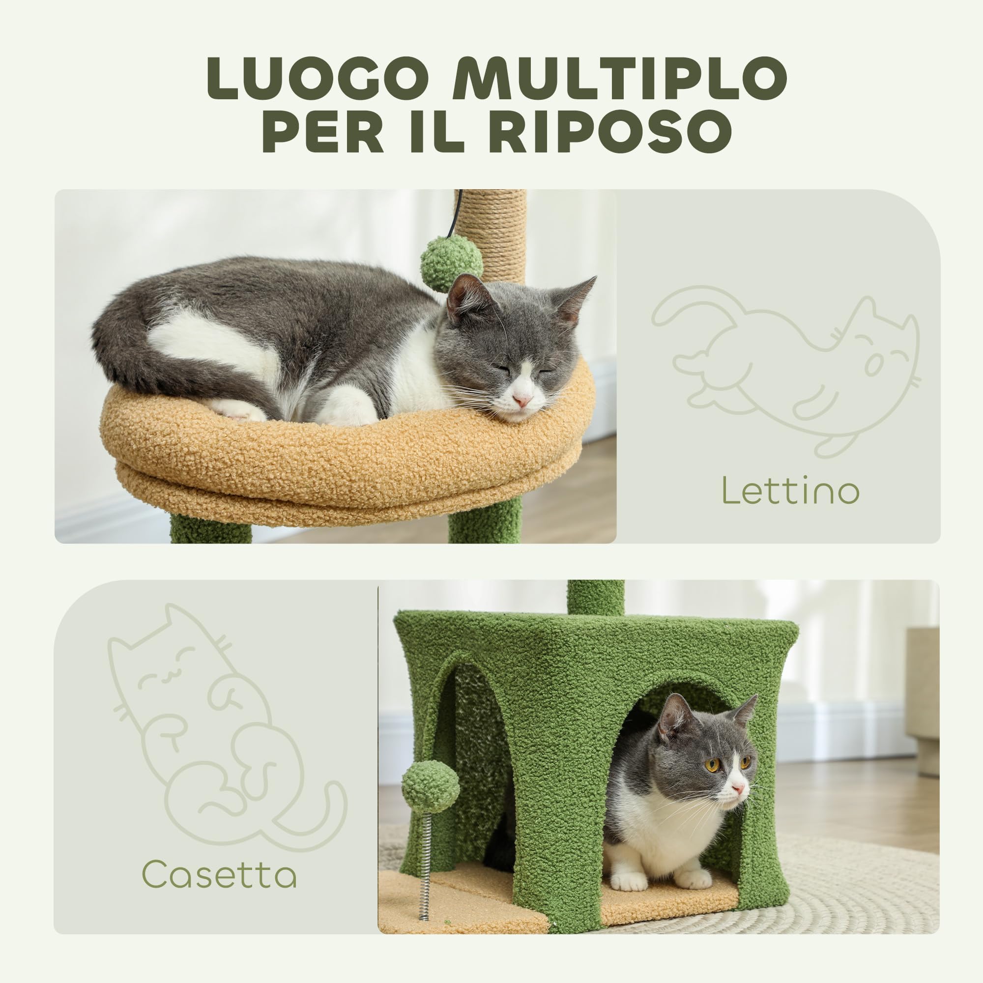 PawHut Albero Tiragraffi per Gatti con Foglia di Palma, Casetta, Lettino e 2 Palline, Torre per Gatti in Legno e Poliestere, 44x30x98 cm, Verde e Marrone