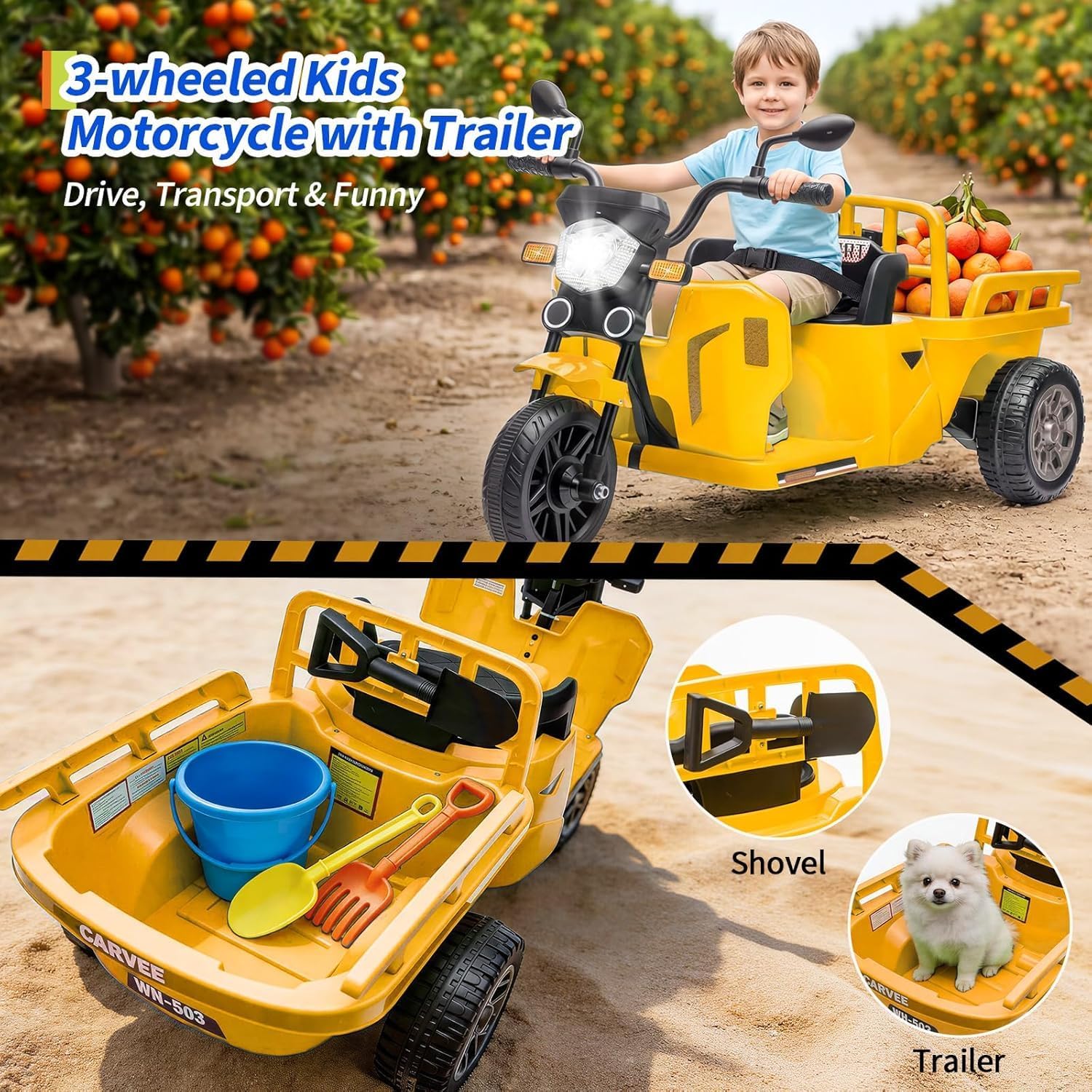 Garvee 12V Kids Tractor w/Trailer, Dump, Music, LED, 3-6KM/H | Atmungsaktives Material