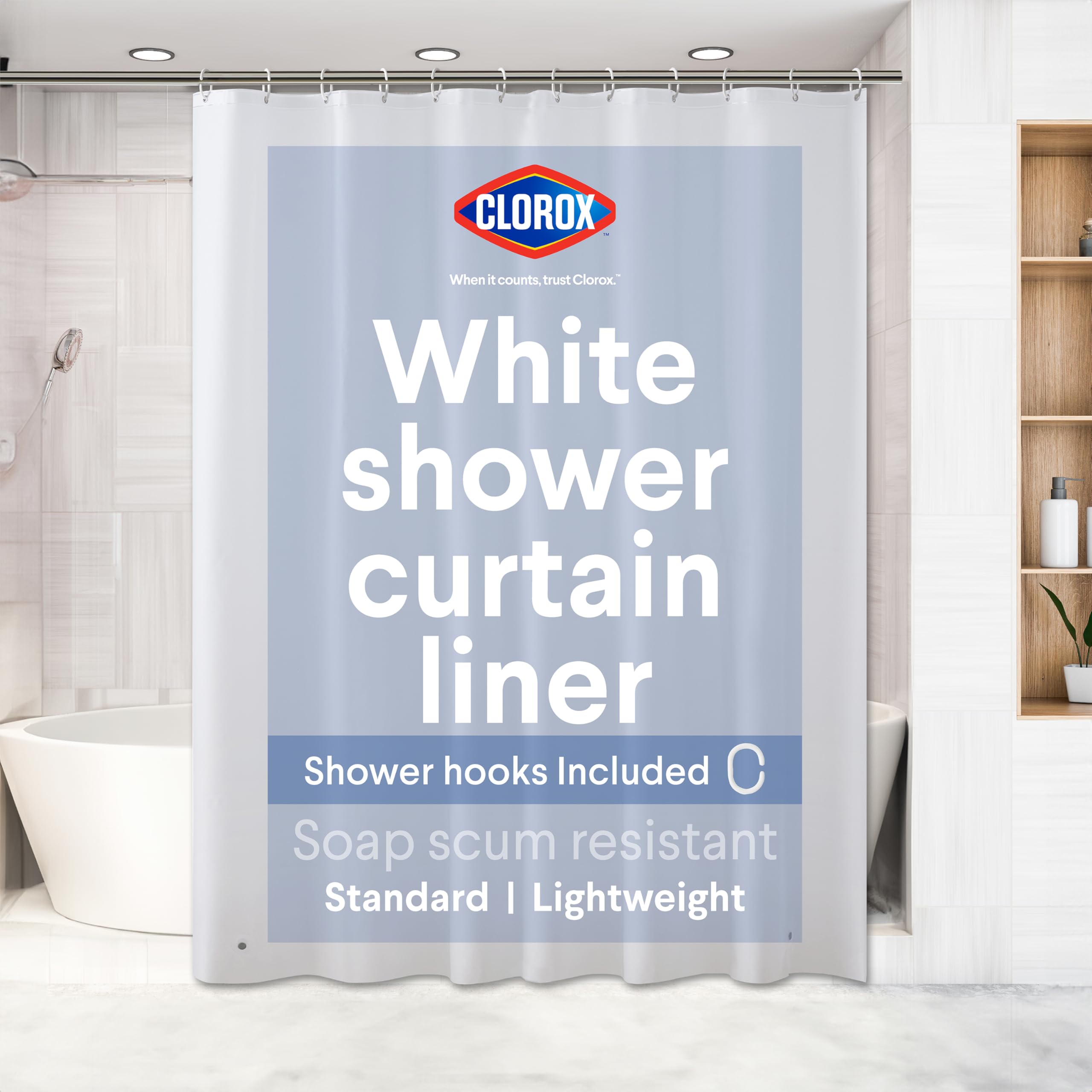 Rideau de douche aimanté Clorox en PEVA blanc qui reste bien en place
