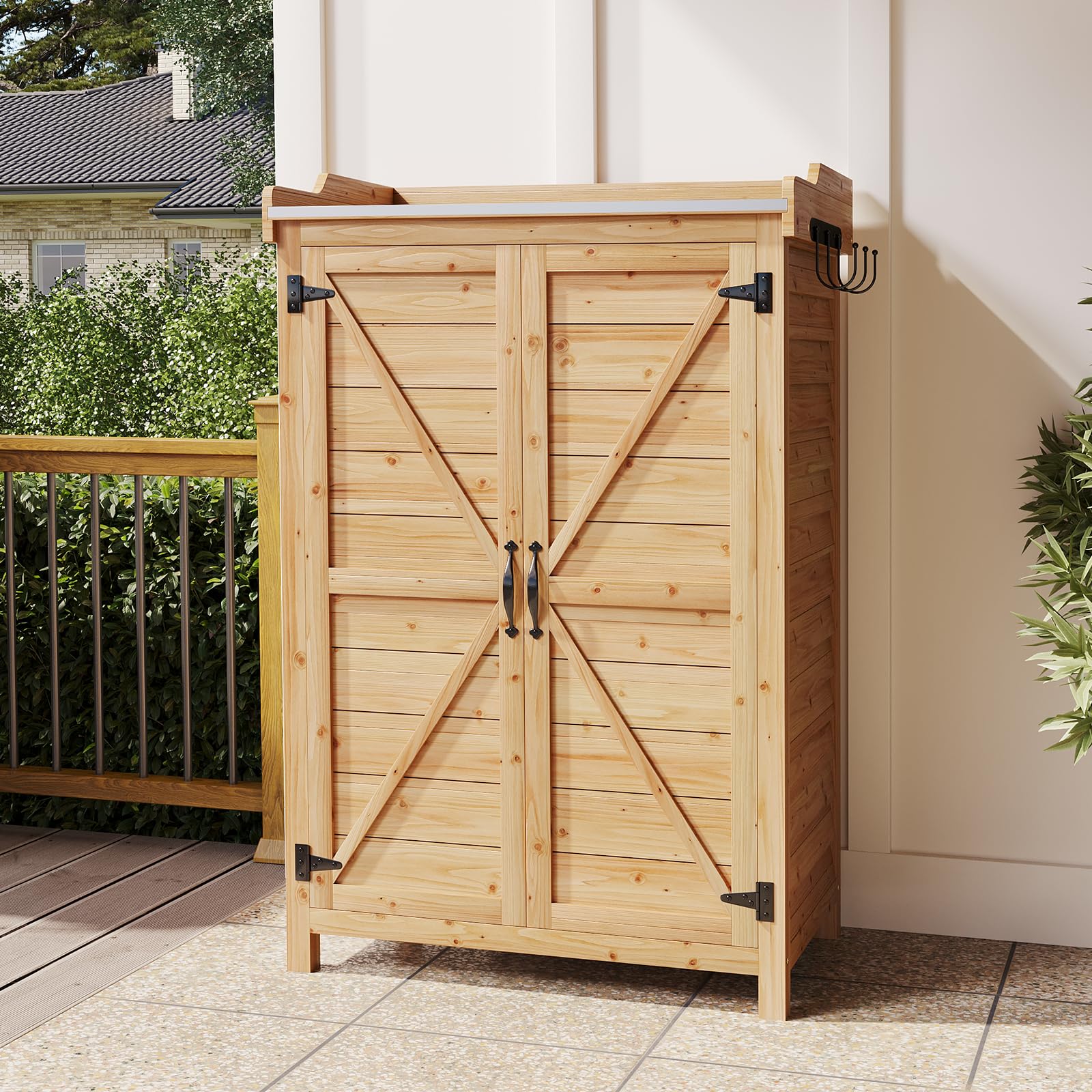 Aoxun Gartenschrank Holz, Gartenschuppen für Garten Terrasse, Doppeltür, Seitenhaken und verstellbarem Regal, Gerätehaus, 64 x 40 x 95 cm, Burlywood