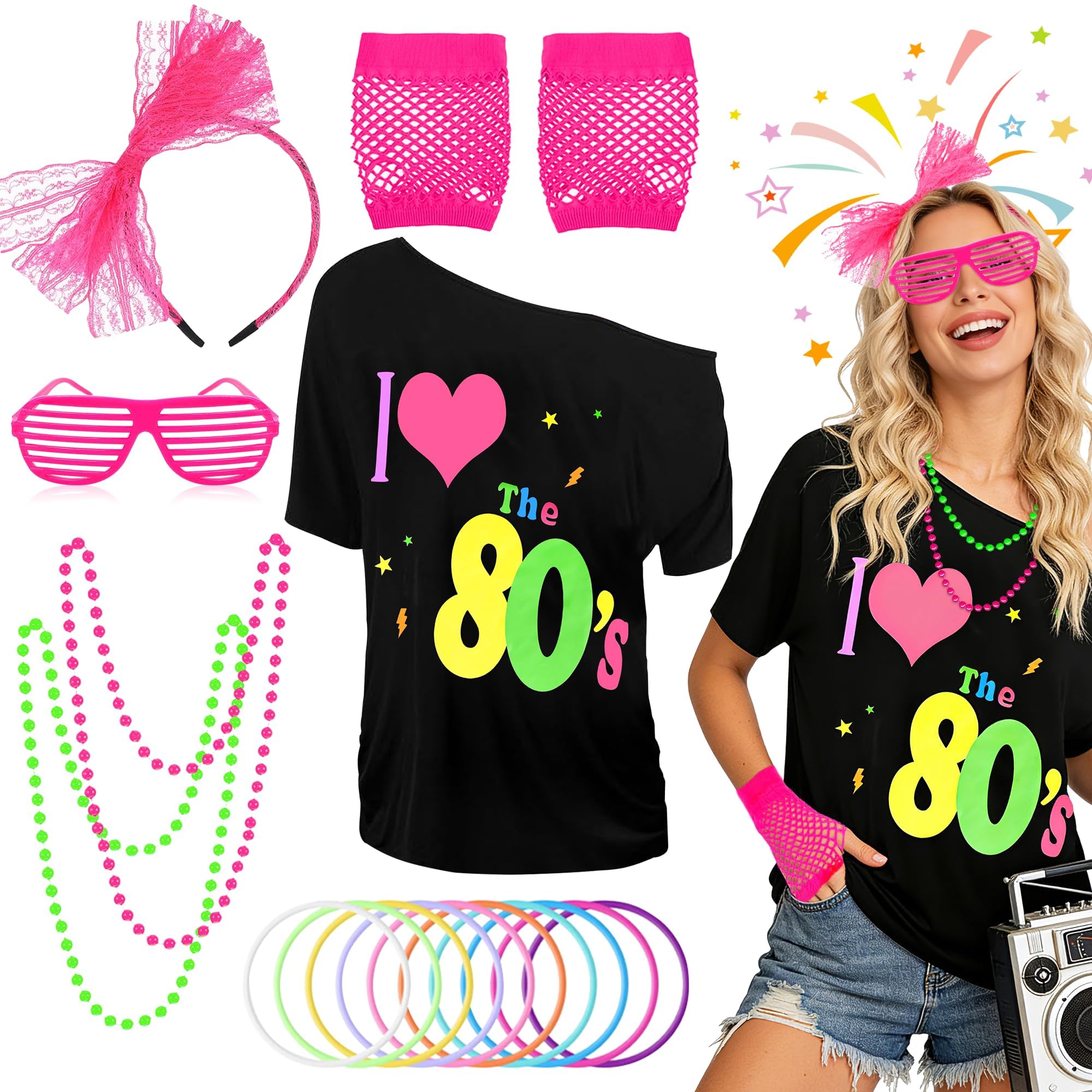 Vervora 80s Accessories Set for Women, I Love the 80s T Shirt Fancy Dress Costume with Neon Glasses Headband Bead Necklace Gloves Bracelets for 1980s Party Hen Do (L)