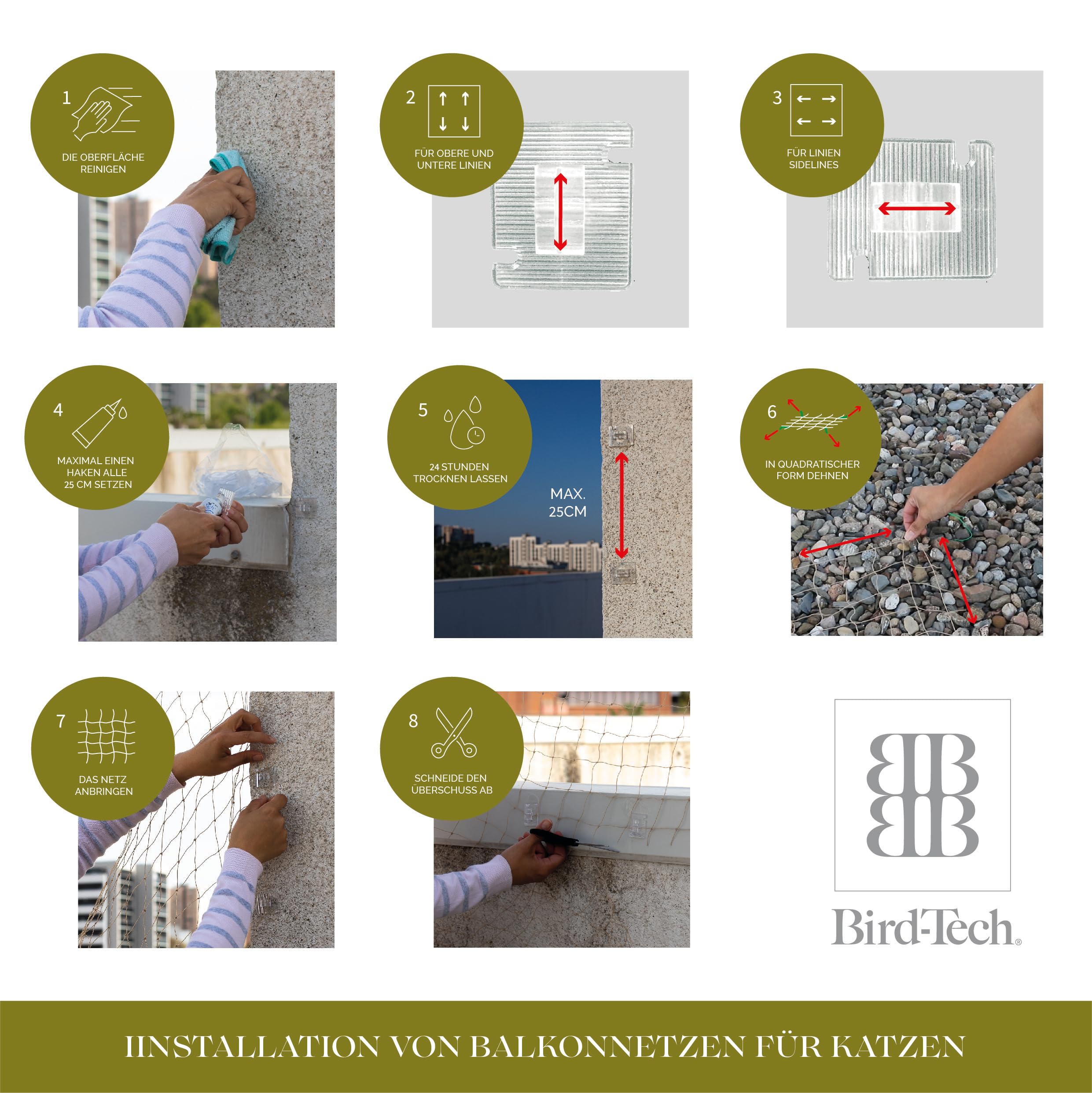 Bird-Tech TM Balkonnetz für Katzen und Vögel, Transparent, mit 100 Haken und 2 Transparent Silikon, 80 ml. (8 x 3 MTS)