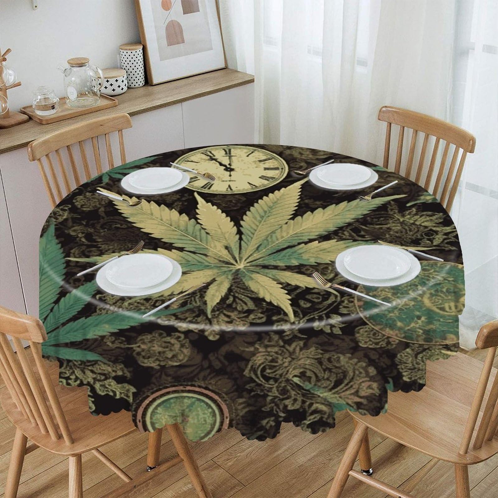 VstaDank A Puff in Time Weed Marijuana Round Tablecloth 60 Inch Easy to Clean Circle Table Cover Thick Decorative Round Polyester Table Cloth for Dining Kitchen Party Farmhouse Outdoor