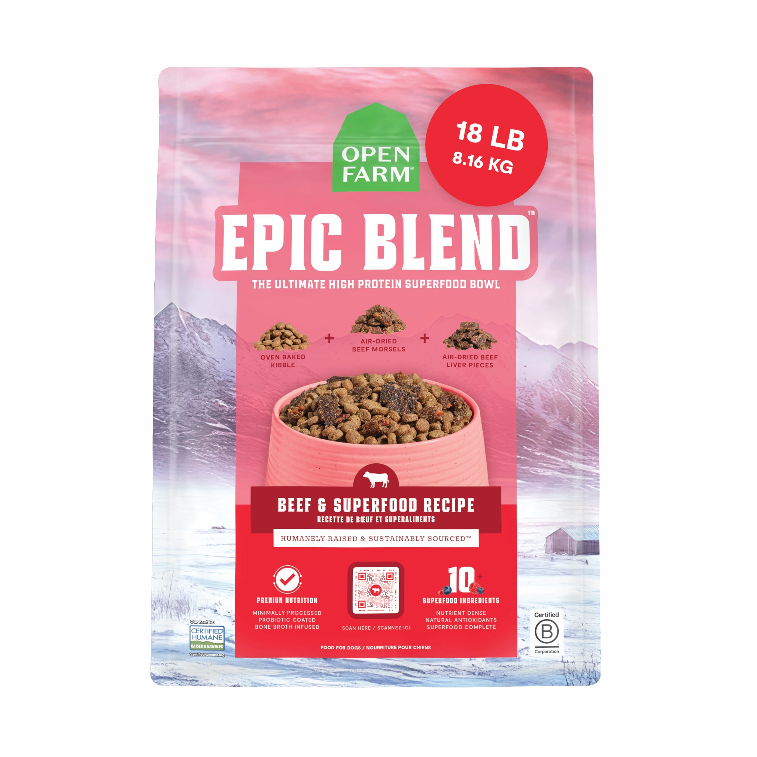 Open FarmEpic Blend High Protein Dry Dog Food, Probiotic Coated & Bone Broth Infused Kibble with Air Dried Meat & Organs, Minimally Processed & Nutrient Dense, Beef & Superfood Recipe, 18lb Bag