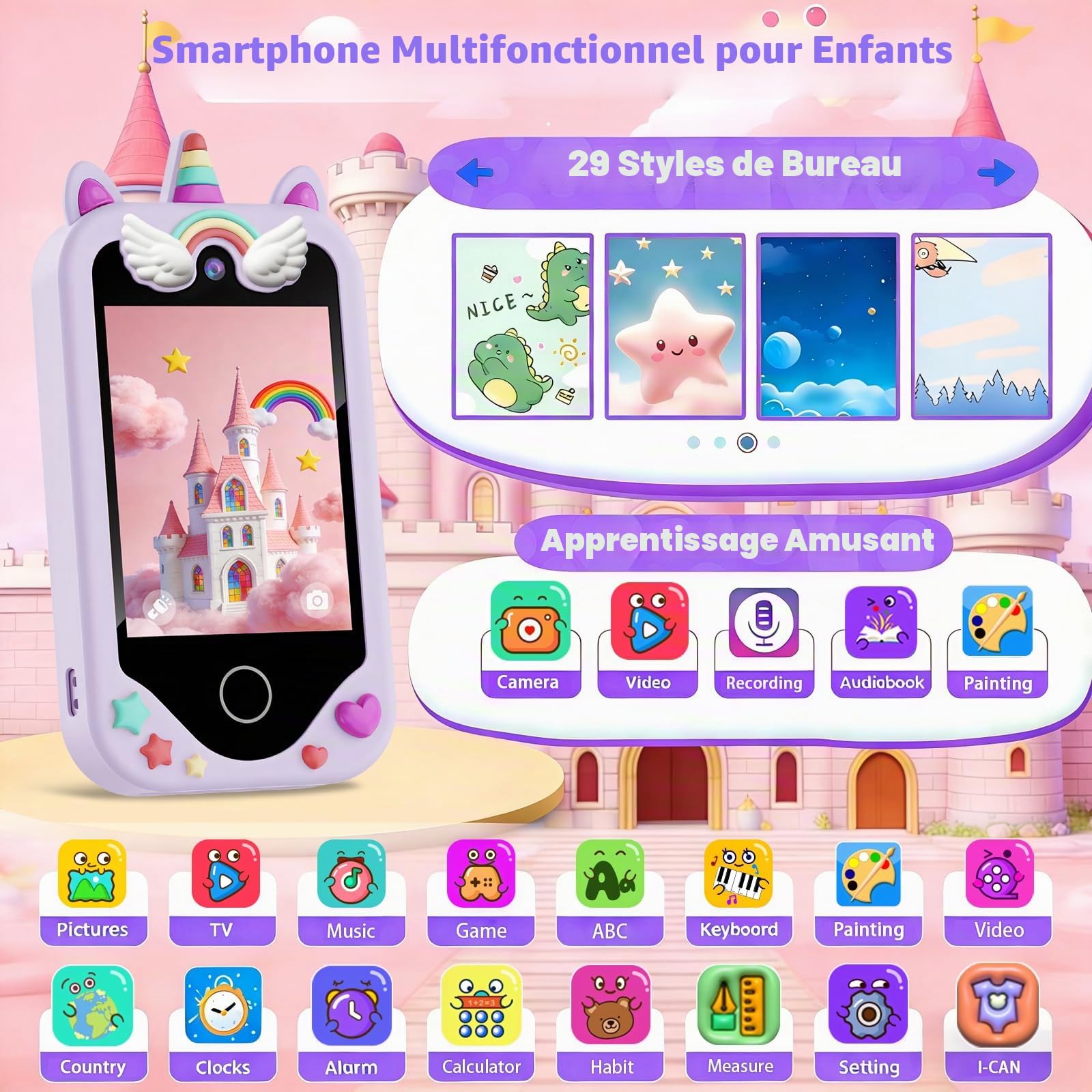 Smartphone pour enfants pour filles, téléphone enfant jouet avec écran tactile, cadeau d'anniversaire de Noël pour enfants de 3 à 8 ans, double caméras, apprentissage, lecteur de musique, jeux, violet