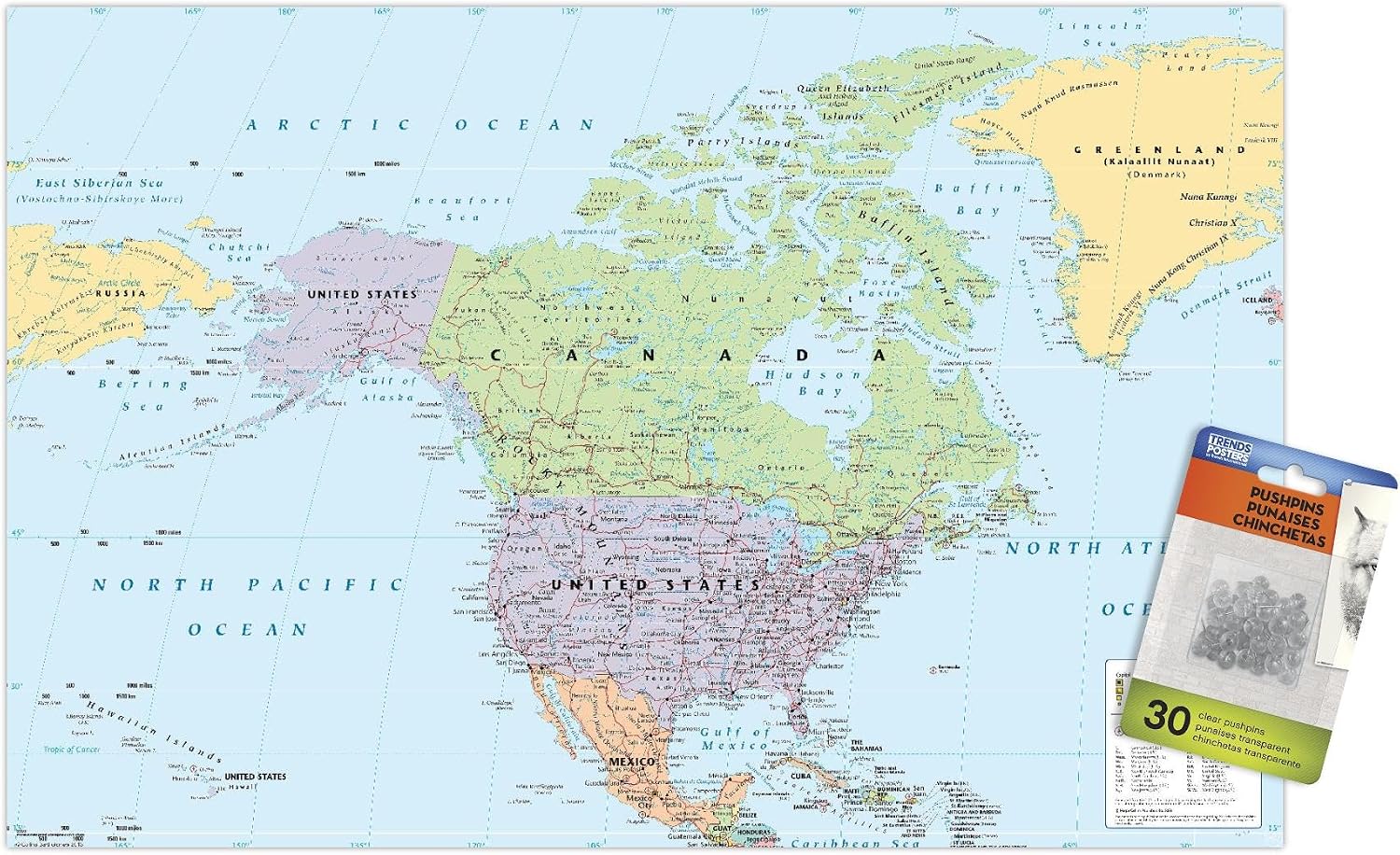 North America Map 2024 Wall Poster with Pushpins, 22.37" x 34.00", Premium Poster & Push Pin Bundle