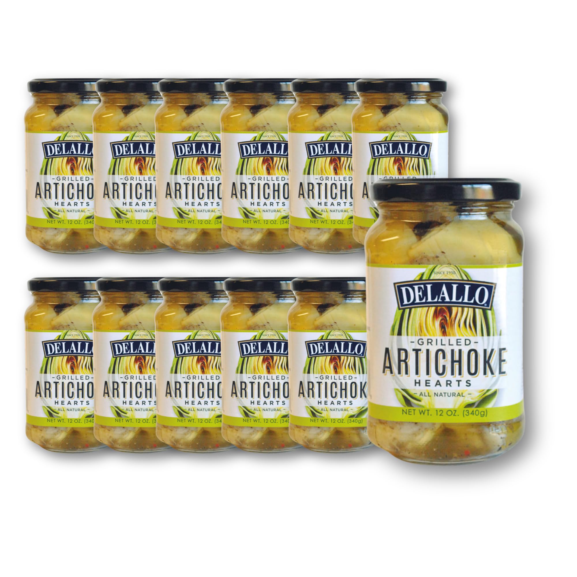 DeLallo Grilled Artichoke Hearts, Packed in Oil, Gourmet Appetizer for Charcuterie & Antipasto Platters, Kosher, Non-GMO, Gluten Free, 12 oz Jar, (12 Pack)