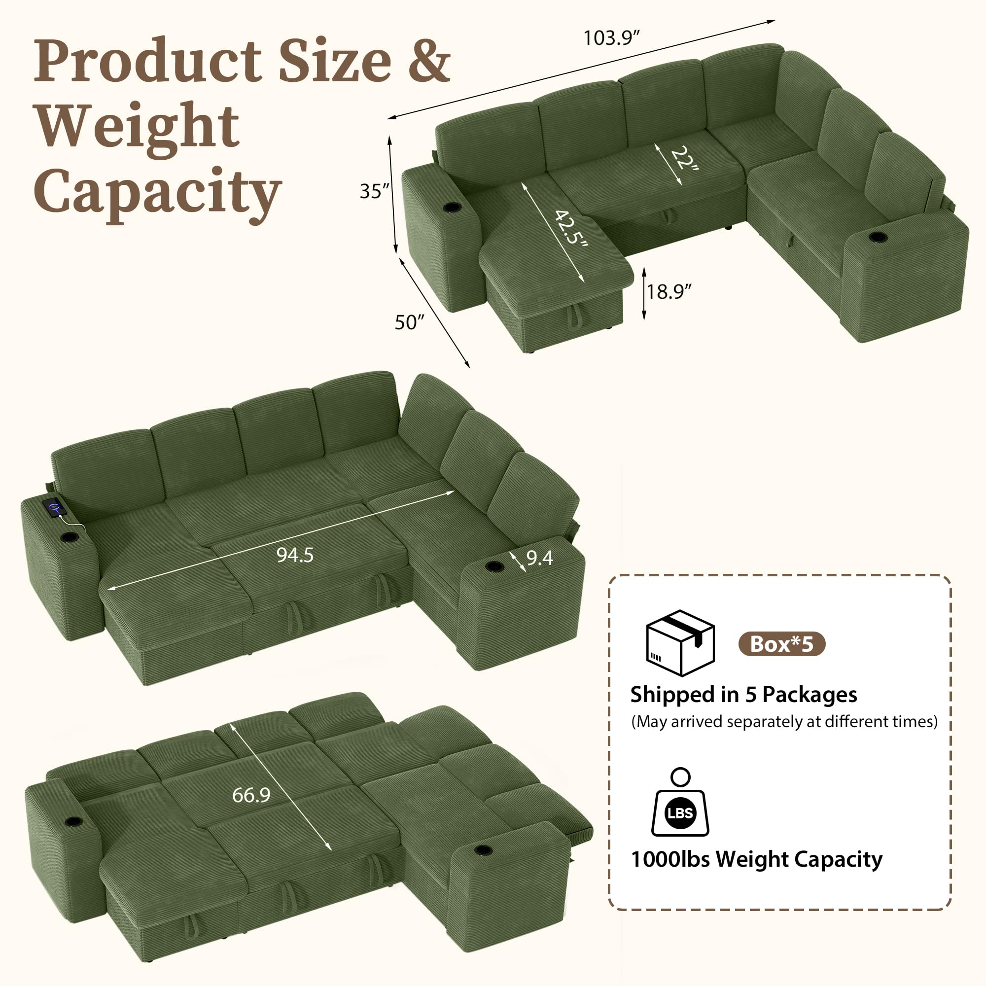 Sofá cama de 7 plazas en forma de U con cama nido, sofá modular en la nube con chaise longue de almacenamiento, puerto USB, respaldo ajustable, pana verde