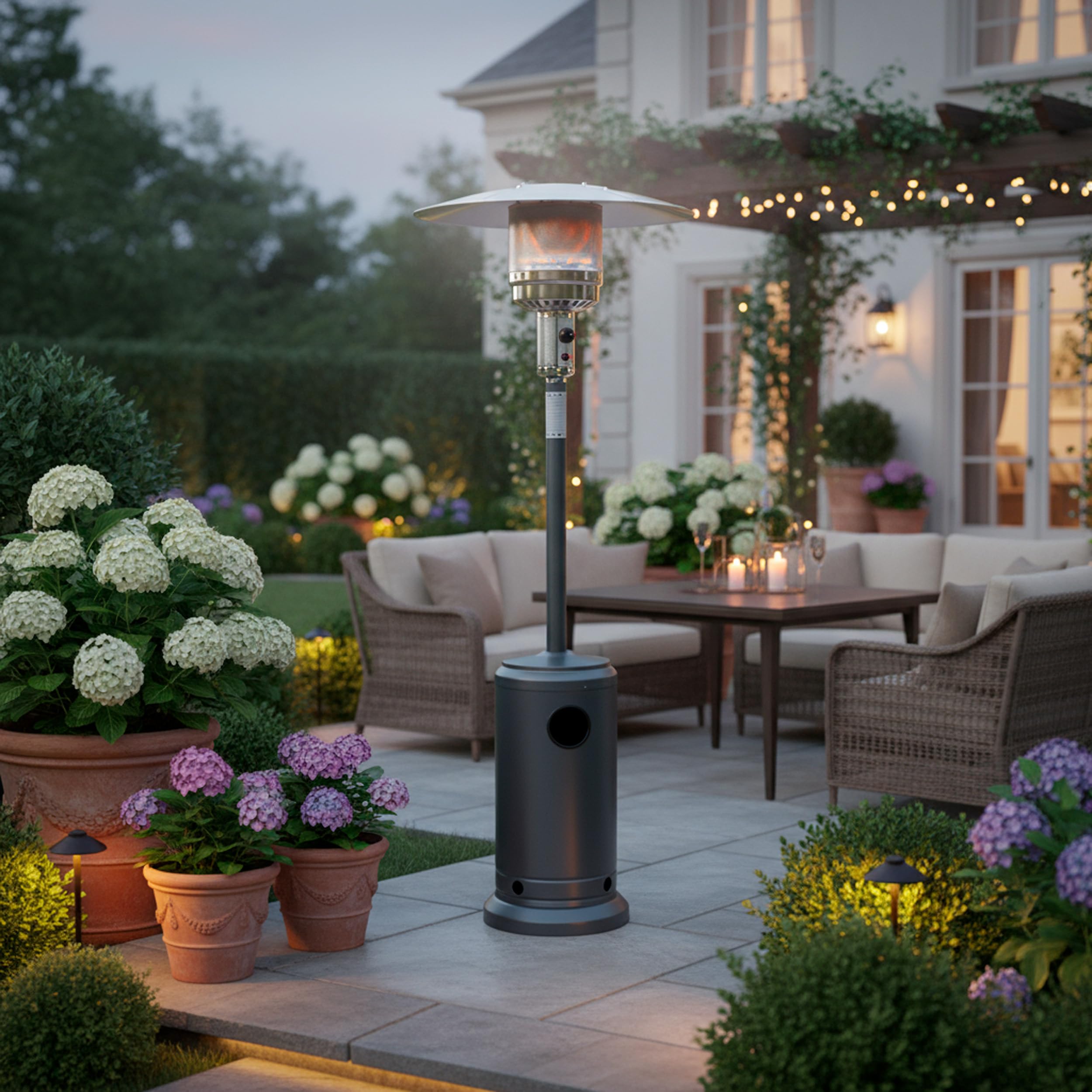 Fungo Riscaldante a Gas 14000 W Max 13kW Stufa Per Esterno Terrazzo Giardino Piscina Bar Locali Accensione Piezoelettrica 2 Modalità Potenza Con Ruote e Vano Bombola Da 15Kg 81 x 46 x 221 Cm Nero