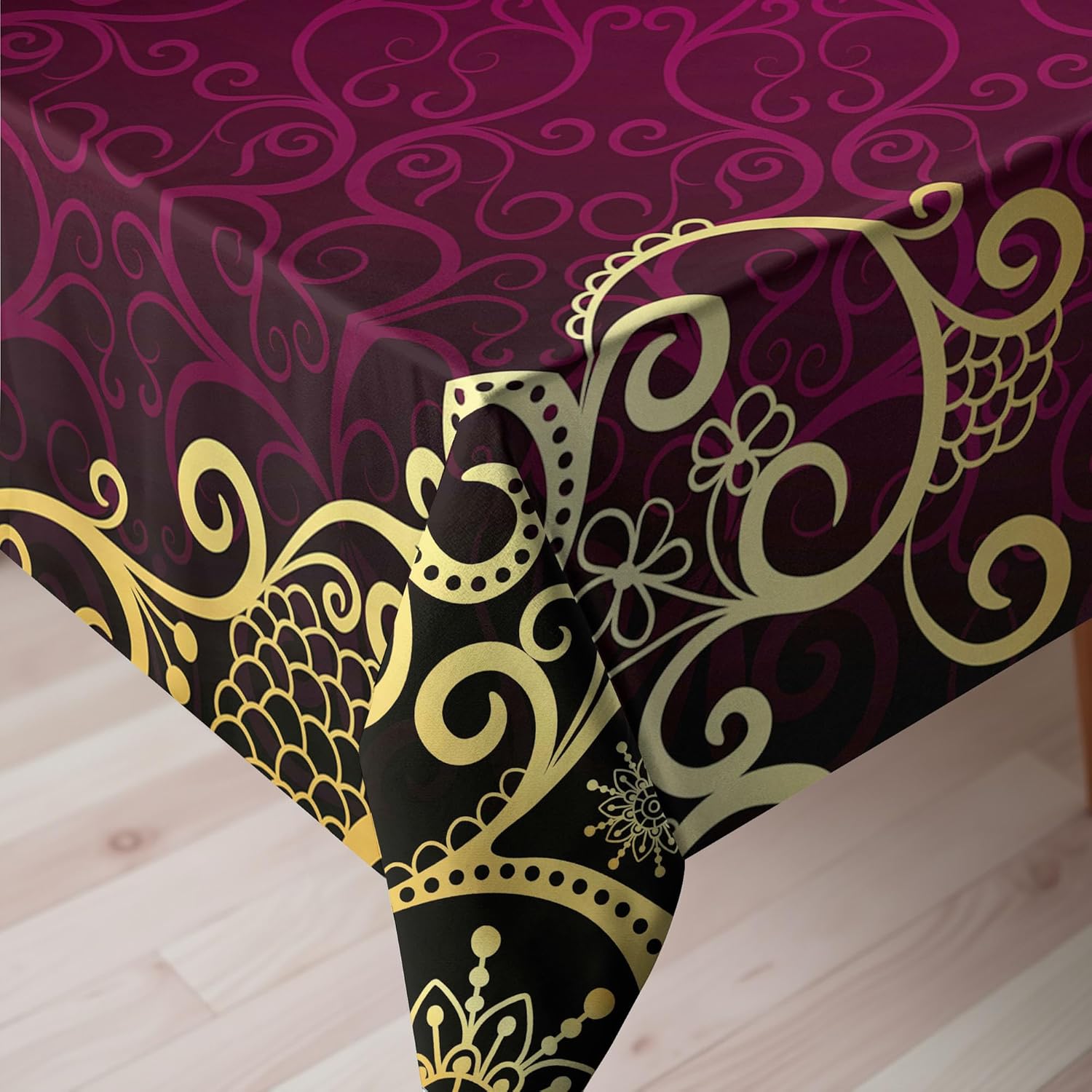 Ambesonne Mandala Tablecloth, Vintage Frame with Curls Snowflake Motifs Abstract Retro, Rectangular Table Cover for Dining Room Kitchen Decor, 60" X 90", Yellow Fuchsia