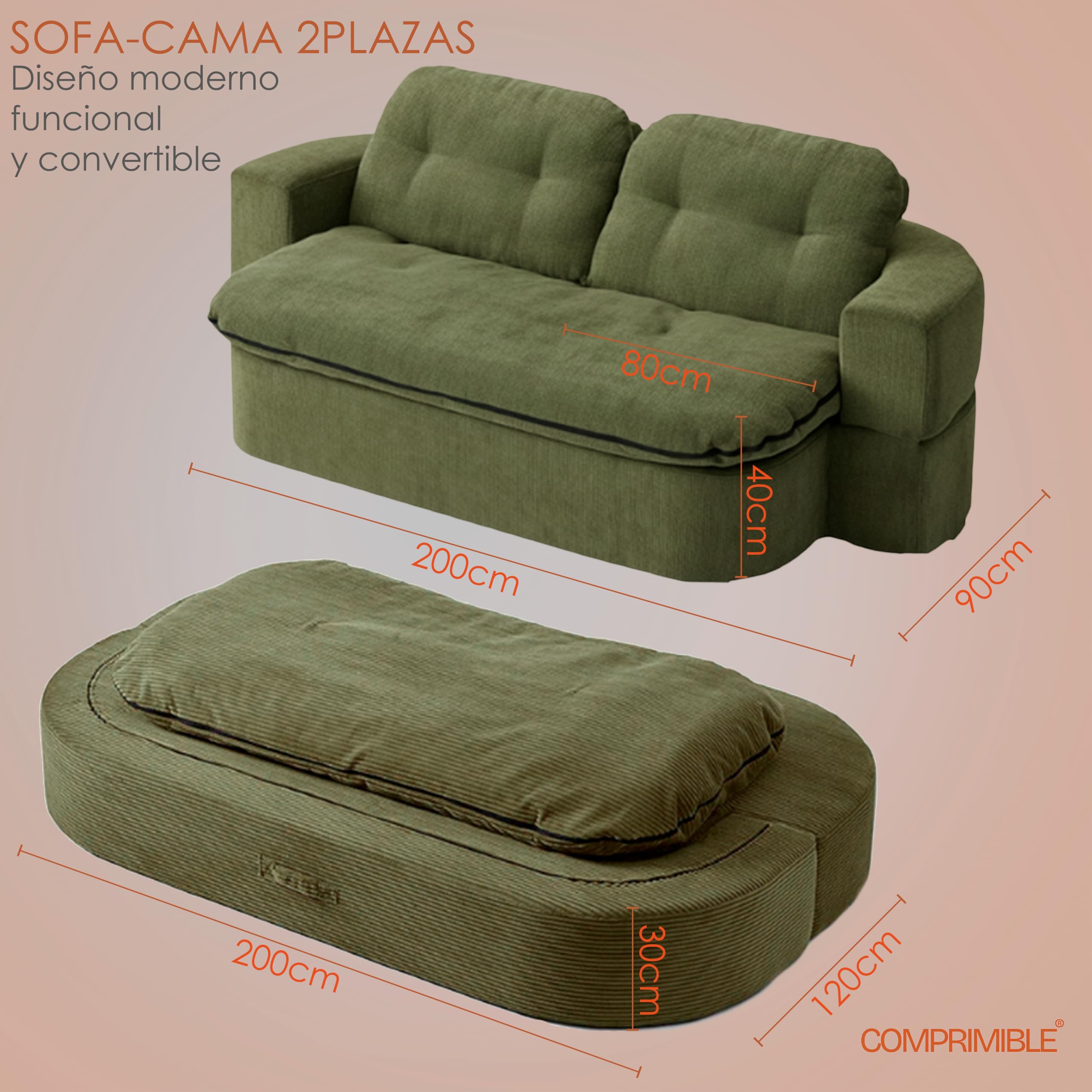 COMPRIMIBLE Kangoo | Sofa Modular de 2 plazas. Convertible en Cama. Fabricado en Tela de Lana Resistente al Desgaste e Interior con Espuma polimérica de Alta Densidad. 200x100x70 Gris
