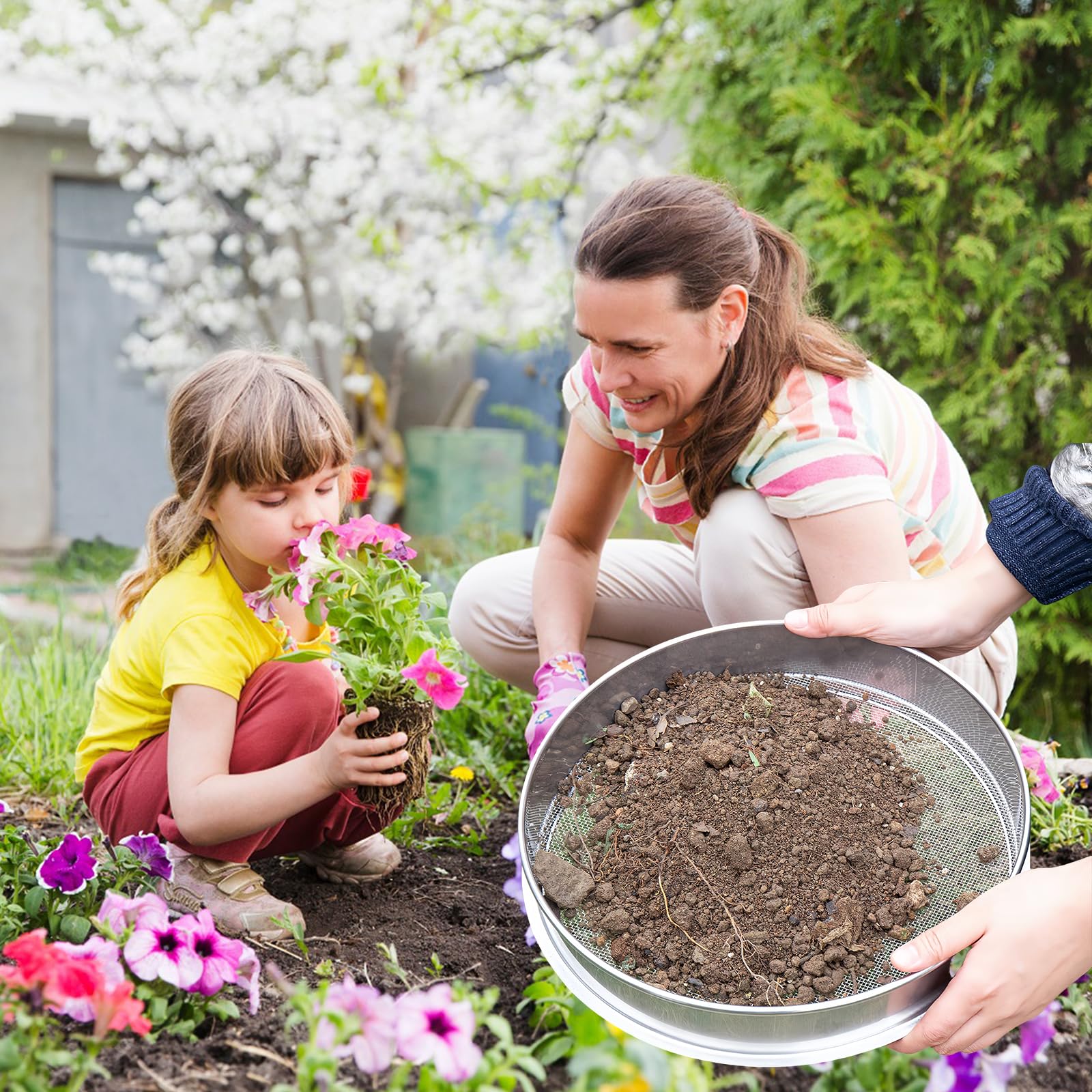Tamis De Jardin Rond,20 Cm Tamis De Jardin En Acier Inoxydable Avec 5 Tailles De Tamis Interchangeables 3/6/9/10/12 MM Et Une Pelle,Tamis A Compost En Acier Inoxydable,Tamis De Jardinage Pour Terre