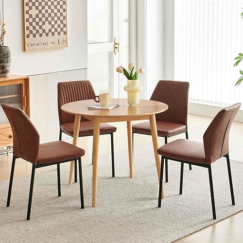 Miniatura 9 de Juego de mesa de comedor para 4, mesa de comedor rectangular irregular de madera moderna, sillas de comedor de cuero, 4 mesas y sillas, juego de 4