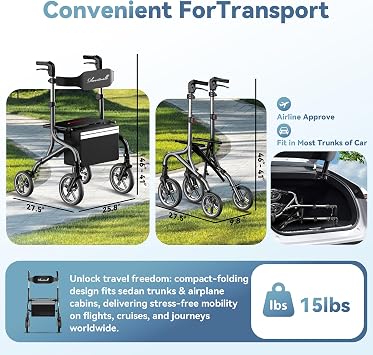 PLANET WALK Super Lightweight Rollator Walker for Seniors, Foldable Rolling Walker with Seat and 10 Rubber Front Wheels for All Terrain, Height Adjustable Backrest, Experience Comfort Anywhere-Black