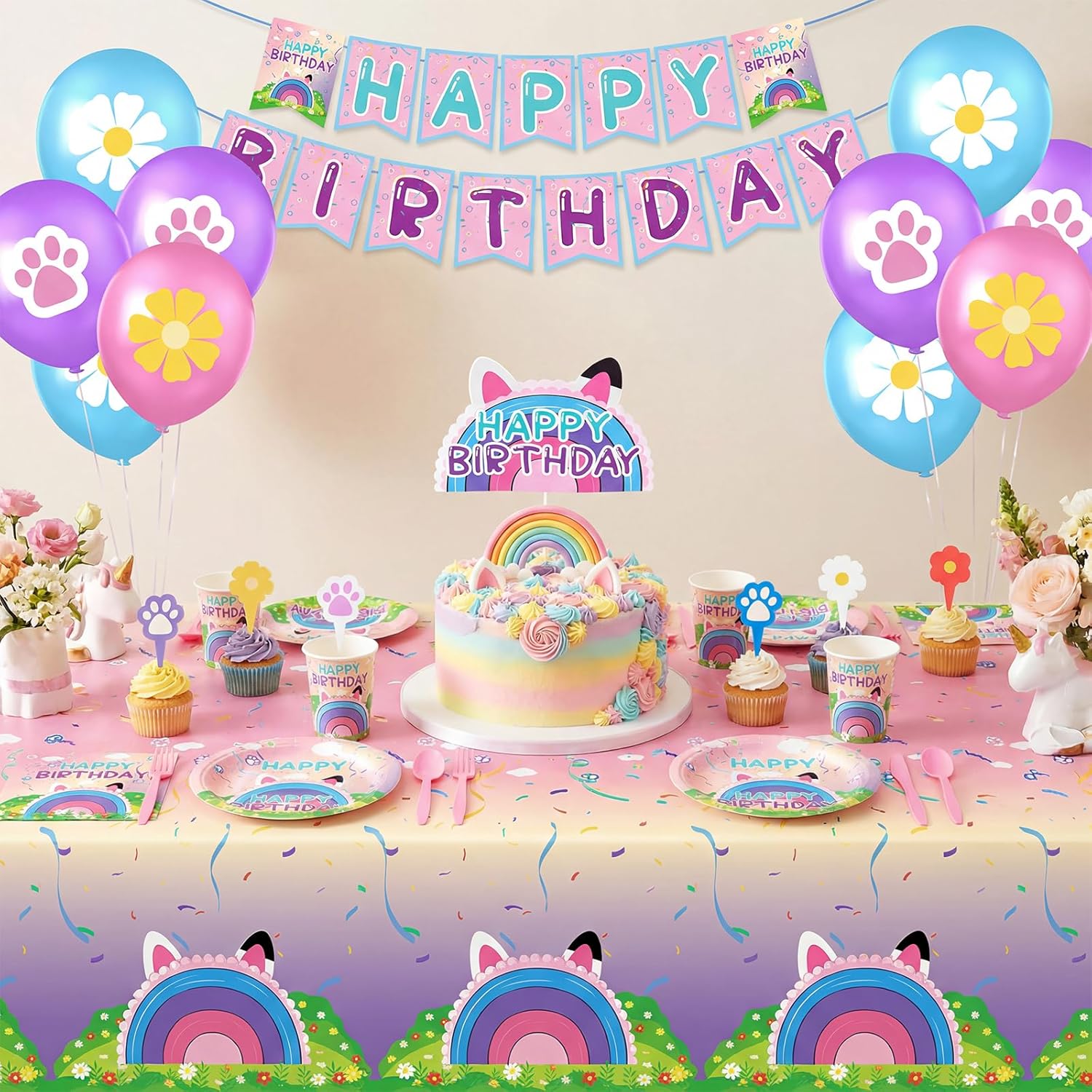 189pcs Cartoon Cat Theme Doll House Party Decorations Supplies - Include Tablecloth Balloons Banners Cake Topper Paper Plates Napkins Paper Cups for Birthday Baby Shower Serves 24 Guests