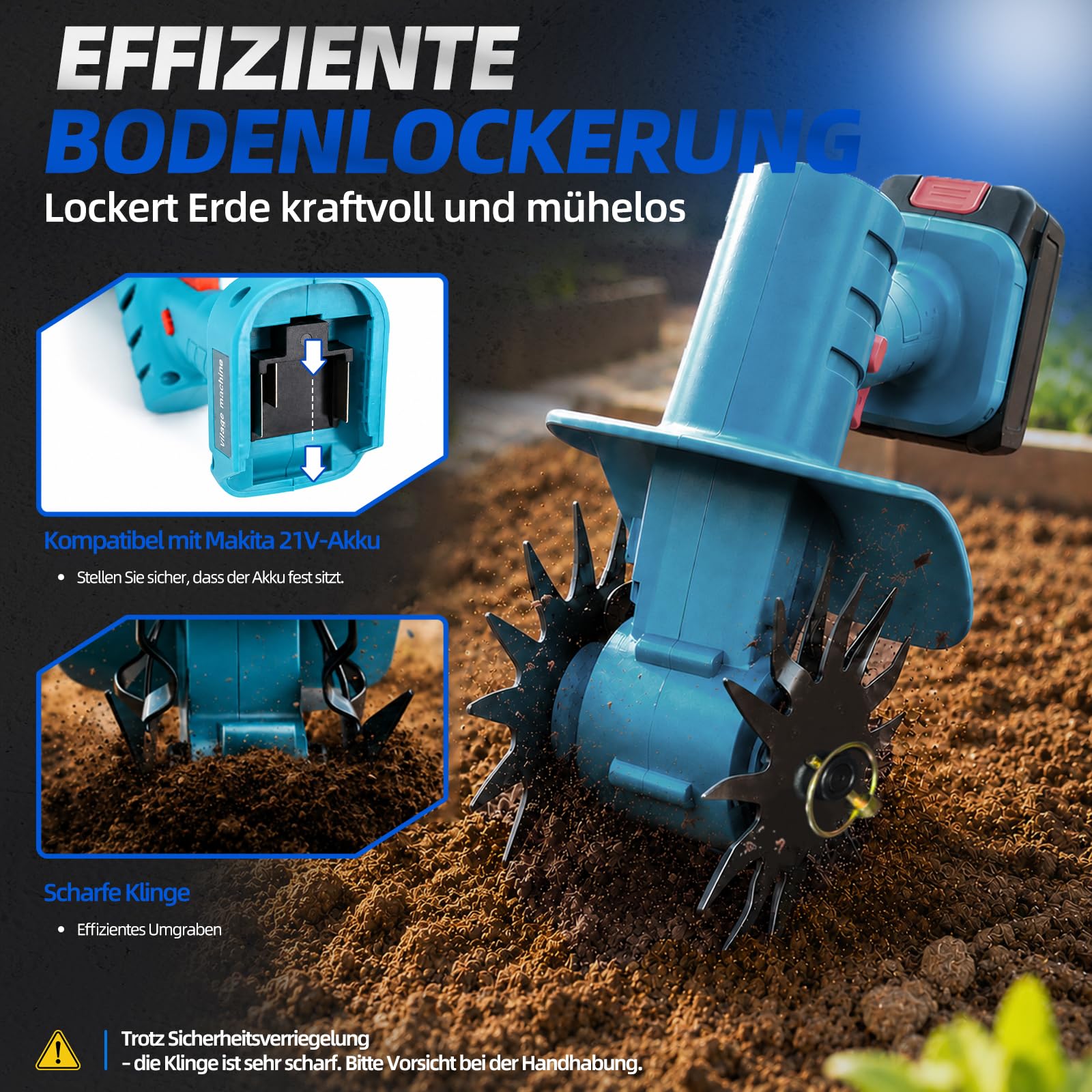 Kabelloser Hand Bodenhacker für Makita 18V Akku Gerät ohne Akku 350W Gartenfräse 10cm Frästiefe und 10cm Fräsbreite Ackerfräse