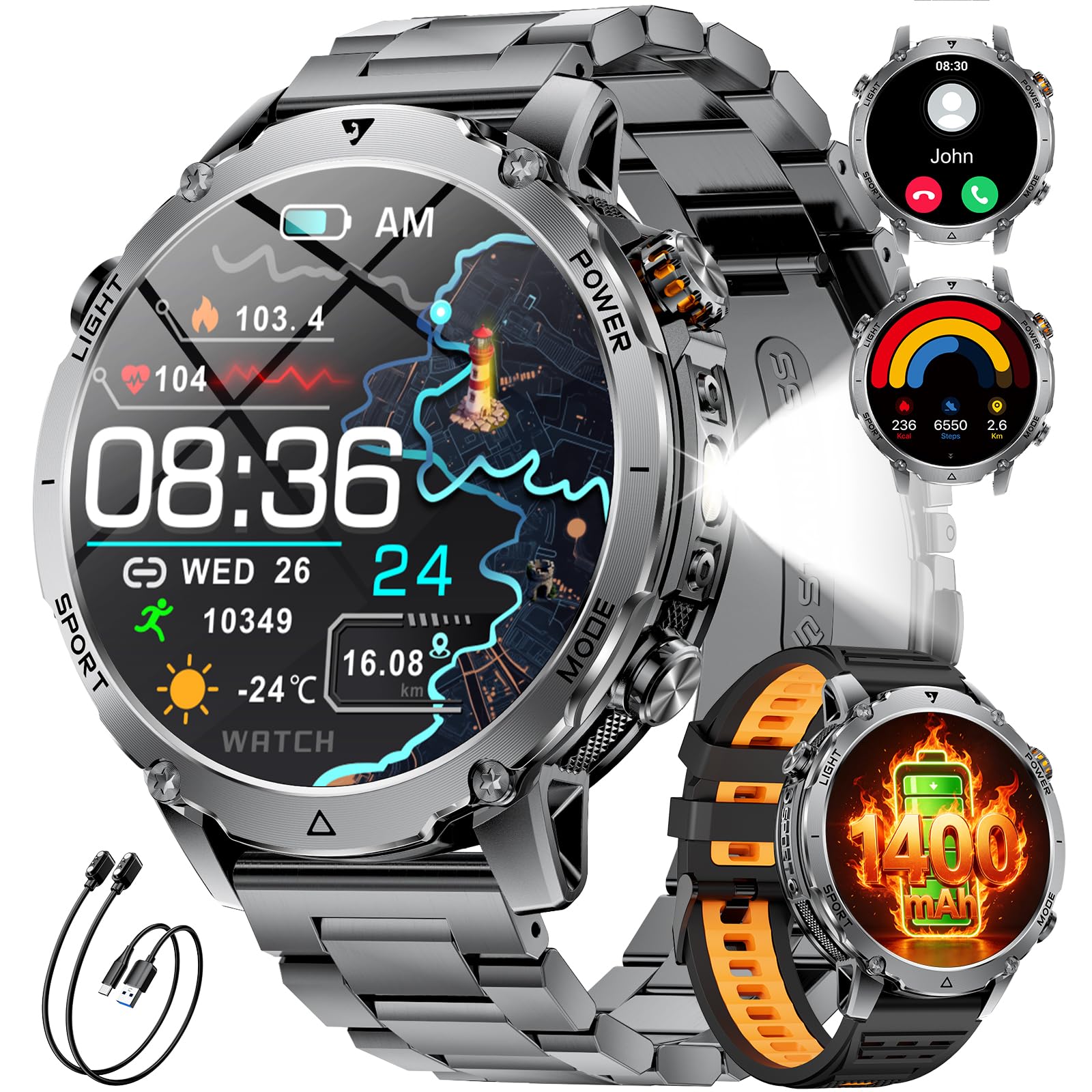 1400mAh Akku Smartwatch Herren, 1.7 HD Militär Smart Watch mit Telefonfunktion, 110+ Sportmodi, IP68 Fitnessuhr, Herzfrequenz/Schlafmonitor, LED Taschenlampe, Sportuhr für Android iOS, Grau Schwarz
