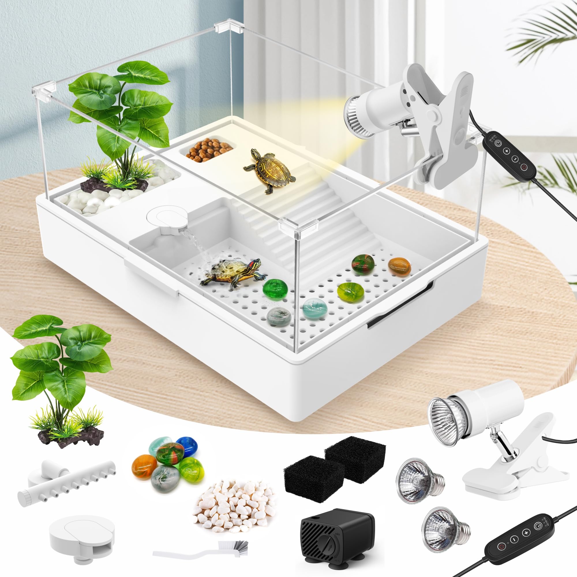Photo 1 of GOZILLA Small Turtle Tank Kit+Water Pump+Lamp, Acrylic Turtle Tank Starter Kit with Adjustable 5W Water Pump and Timing/Dimming Lamp, Multi-Functional Area for Small Turtles(White Kit).