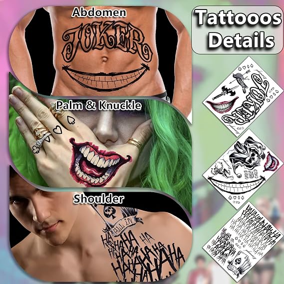 13 Sheets Joker Tattoos Halloween - HAHAHA Damaged JOKER Smile Temporary Tattoos Fake Tattoo Stickers Joker Costume Masquerade Cosplay Party Accessories Makeup Waterproof