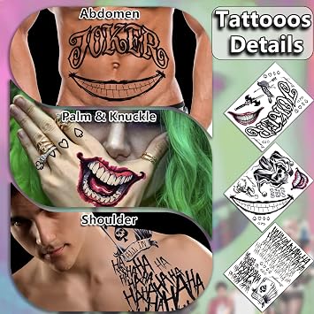 13 Sheets Joker Tattoos Halloween - HAHAHA Damaged JOKER Smile Temporary Tattoos Fake Tattoo Stickers Joker Costume Masquerade Cosplay Party Accessories Makeup Waterproof