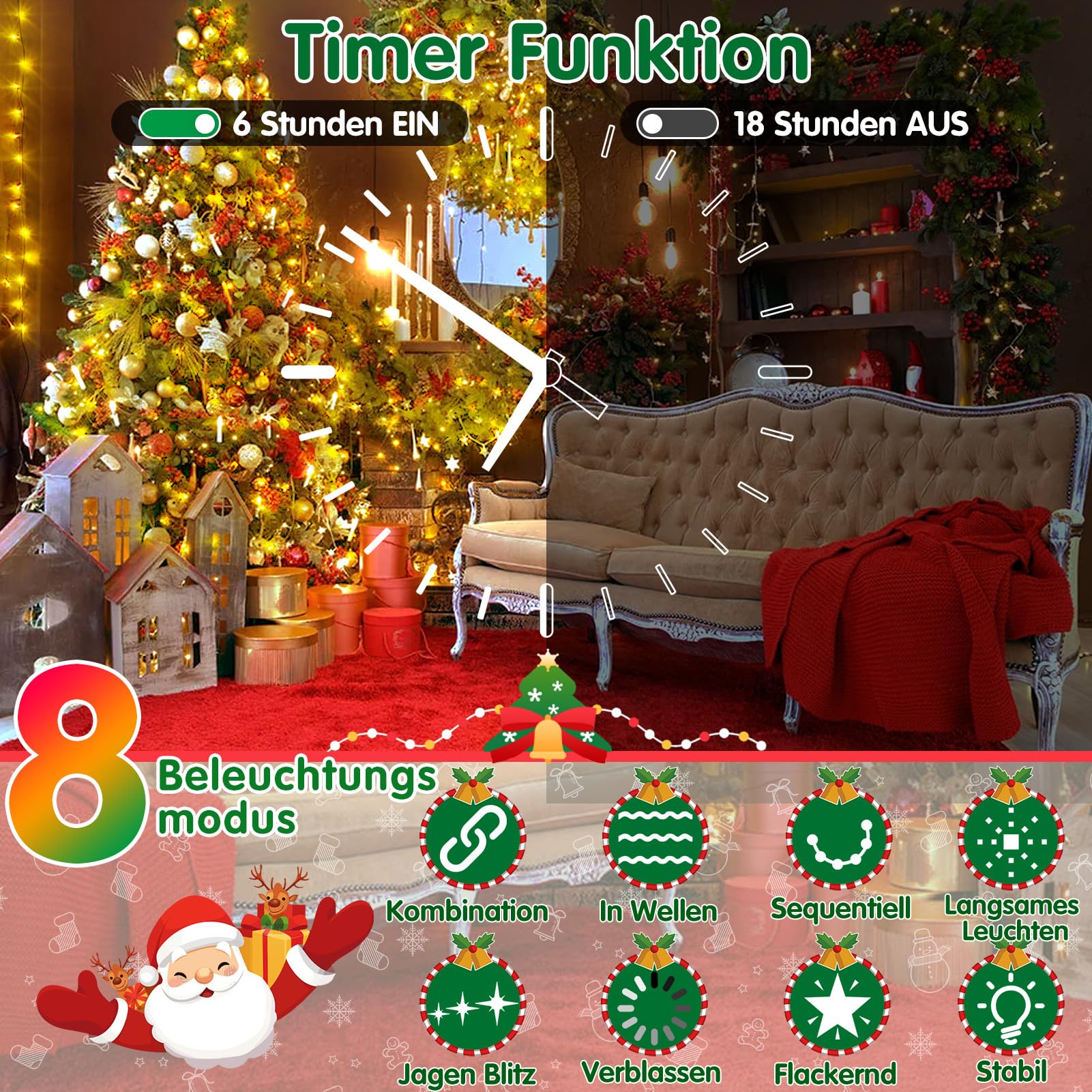 XURISEN 123M Lichterkette 1000 LED Warmweiß Dunkelgrün Weihnachtsbaum Timer 8 Modi IP44 Wasserdicht Fernbedienung für Garten Balkon Weihnachtsdekoration