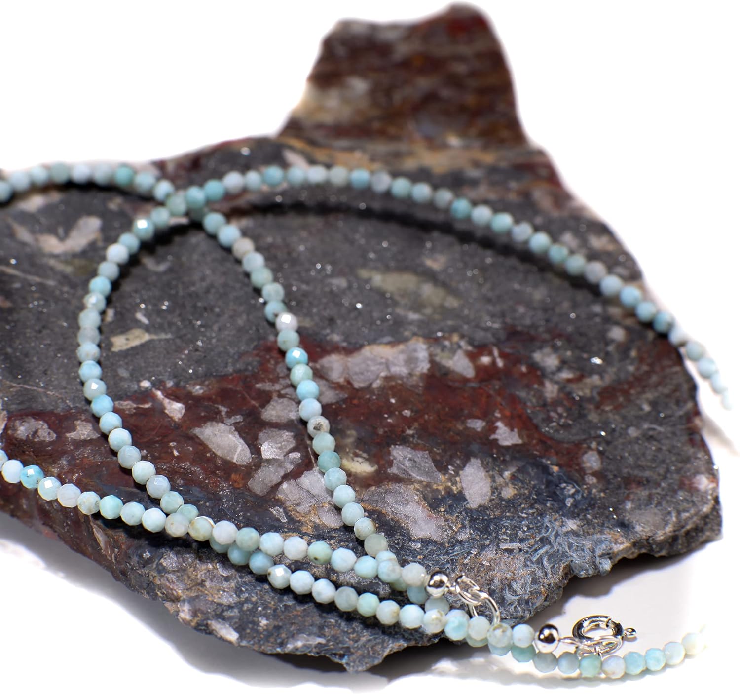 Natural Larimar Faceted 2.5mm Rondelle Gemstone Choker, Layering Necklace in 925 Sterling Silver Chain and Clasp, Gift, Healing Gem