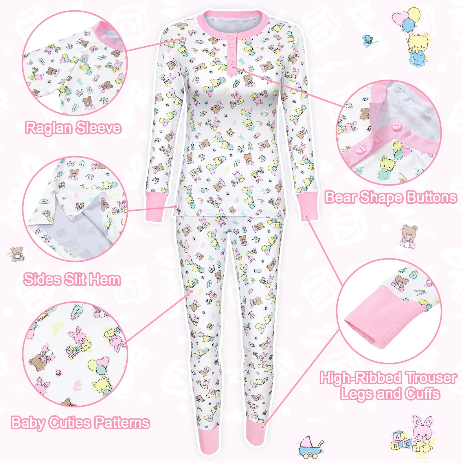 LittleForBig Dos Piezas Set de Pijama de Manga Larga para Mujer - Sedoso Suave, Cómodo Elástico y Transpirable Baby Cuties Temática Ropa de Dormir Rosa XXXXL