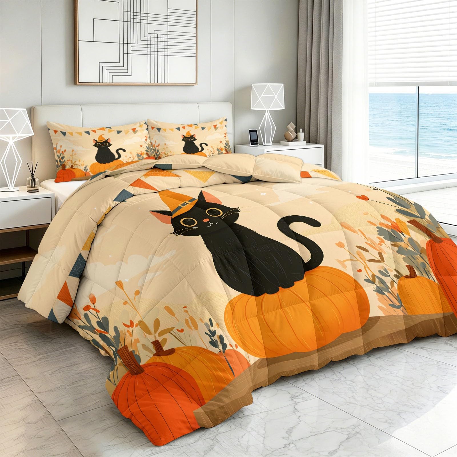 Kołdra z nadrukiem 220 x 240 cm Cartoon Halloween Cat Dynia Kołdra bez poszwy na 4 pory roku, miękka i oddychająca kołdra z mikrofibry dla dzieci Dorośli Dekoracja pokoju, kremowa