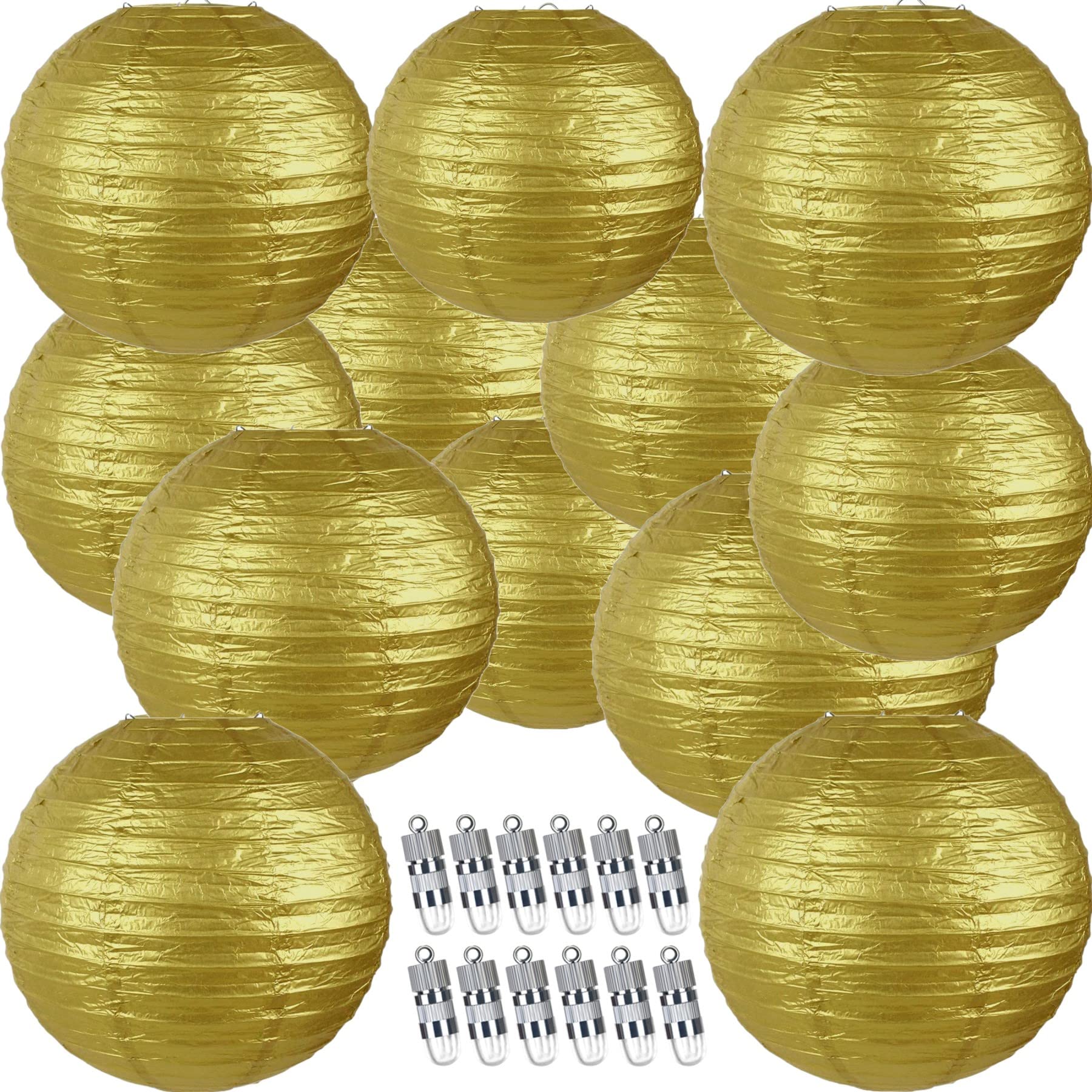 12pcs gold paper lanterns with 12pcs white led lights, 6" 8" 10" 12" round hanging chinese/japanese ball lantern for wedding anniversary birthday party decorations