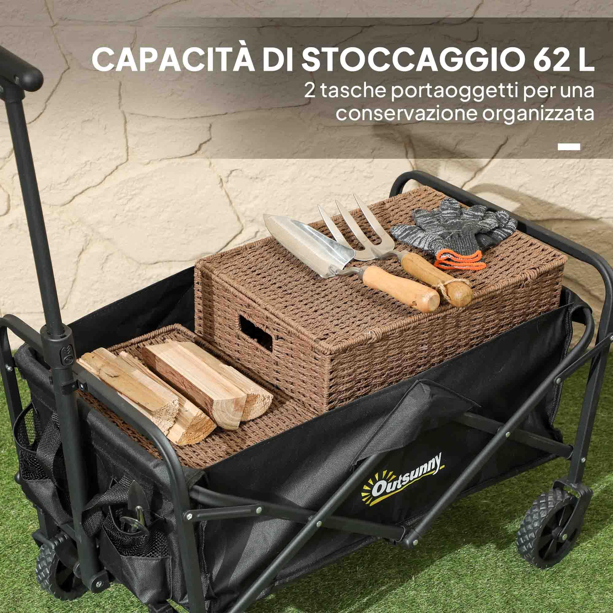 Outsunny Carrello da Giardino da 62L con Ruote Girevoli, Carrello Spiaggia Pieghevole in Metallo e Tessuto Oxford con Borsa e Maniglia Girevole e Regolabile, 76x48x86 cm, Nero