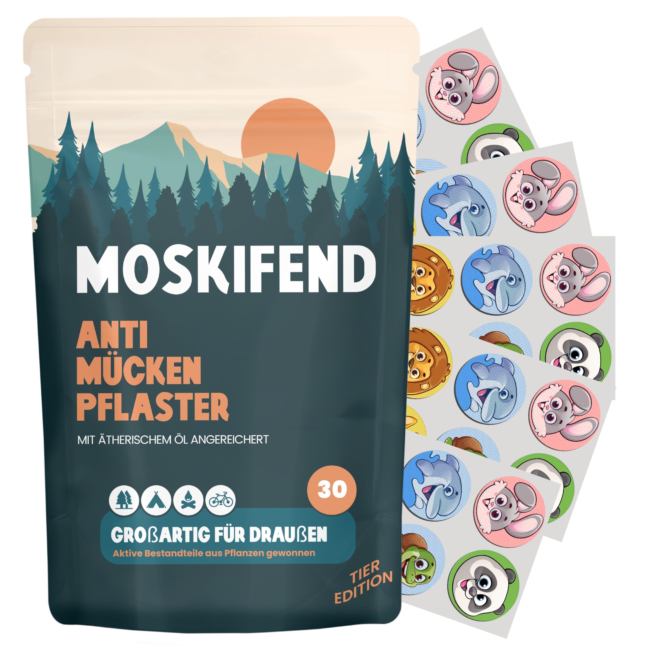 Mückenschutzpflaster für Kinder, Babys & Erwachsene (mit Öl gegen Mücken) – Anti Mücken Aufkleber im Tier Design – 30 Patches für unterwegs | S05 Mosquito Repellent Sticker, Insektenschutz