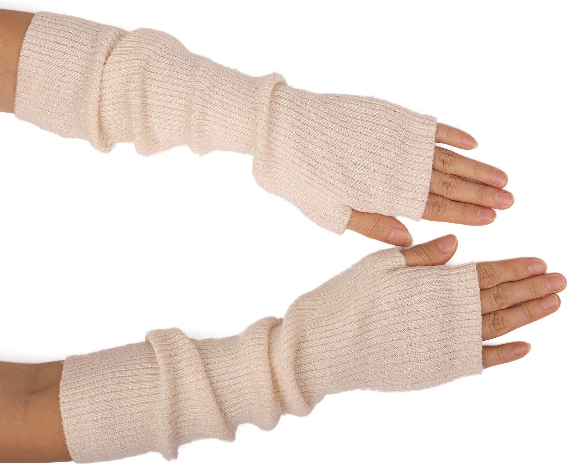 F FlammiCashmere Blended Arm Warmer for Women Winter Fingerless Gloves Knit Mitten Gloves Wrist Warmer with Thumb Hole