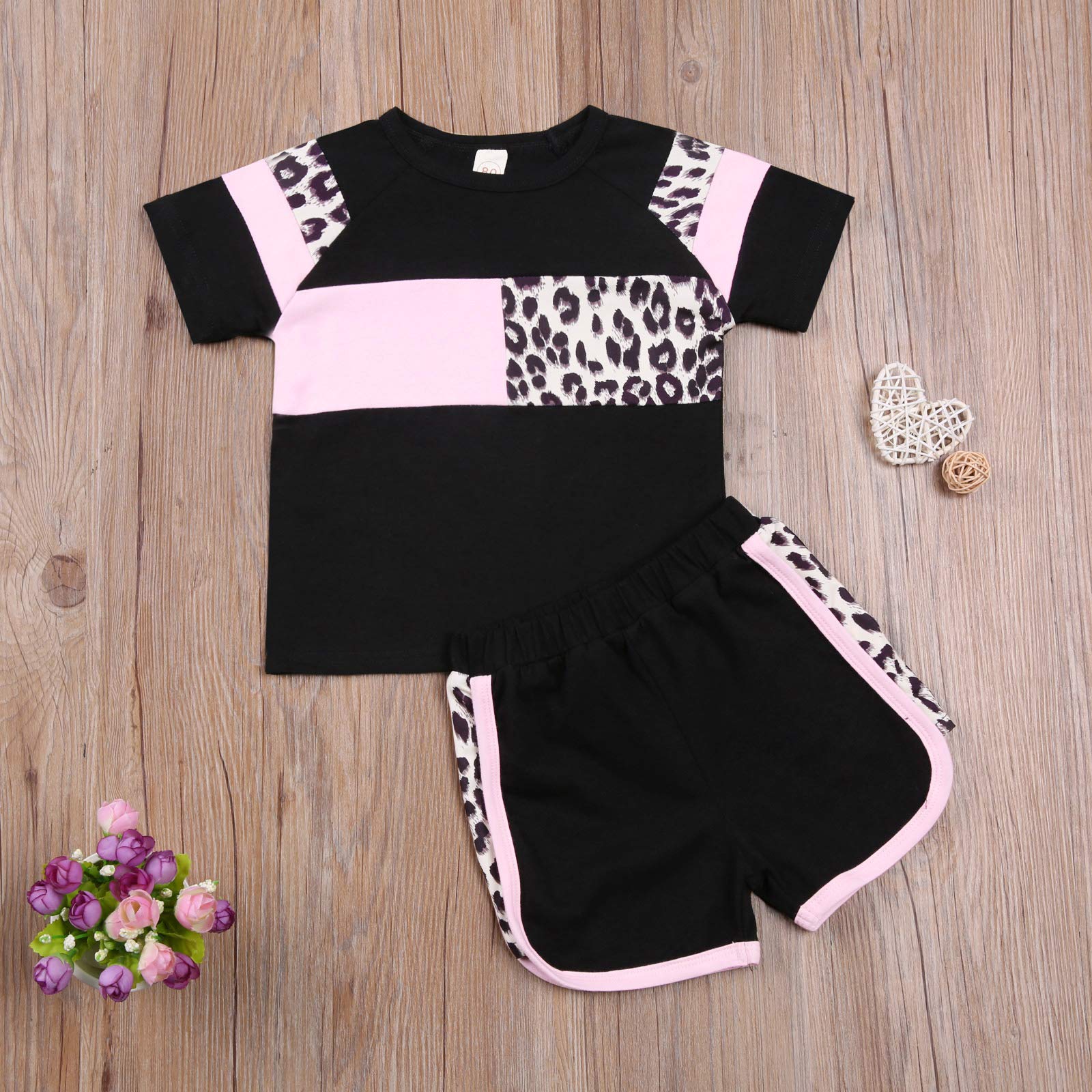 Infant Toddler Baby Girls Summer Outfits Short Sleeve Patchwork Pullover Top Shirt Shorts 2Pcs Tracksuit Sweatsuit (Black+Patchwork, 18-24 Months)