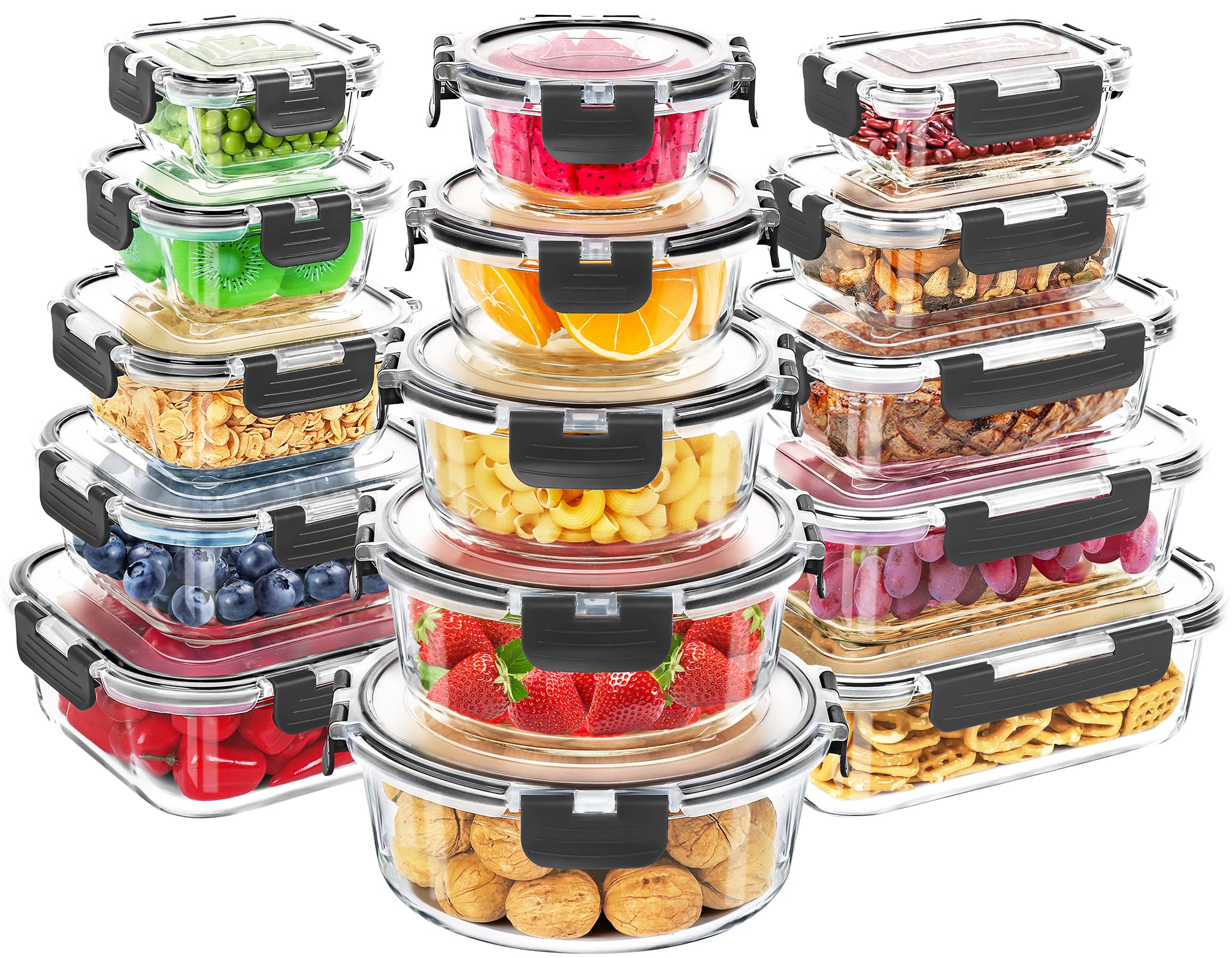Skroam Contenitori per alimenti in vetro, confezione da 15, contenitori in vetro per la preparazione dei pasti, scatole bento per il pranzo, con coperchio a prova di perdite, per microonde,