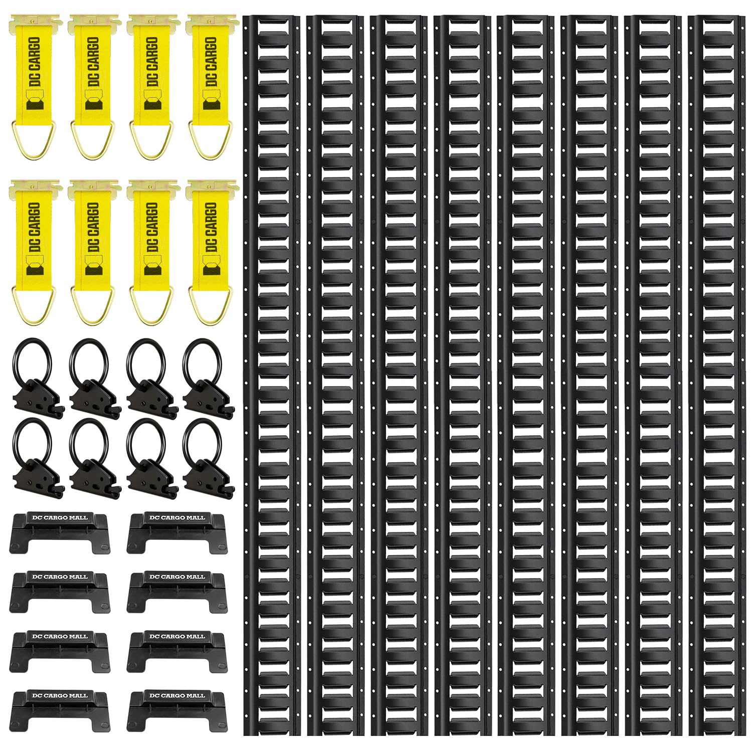 DC Cargo Mall E Track Rail Tie-Down Kit - 32 Piece Set Etrack Kit -5' Rails, End Caps, Rope Tie Offs & O Ring Anchors - E Track Accessories System Starter Kit For Securement In Trucks, Vans & Trailers