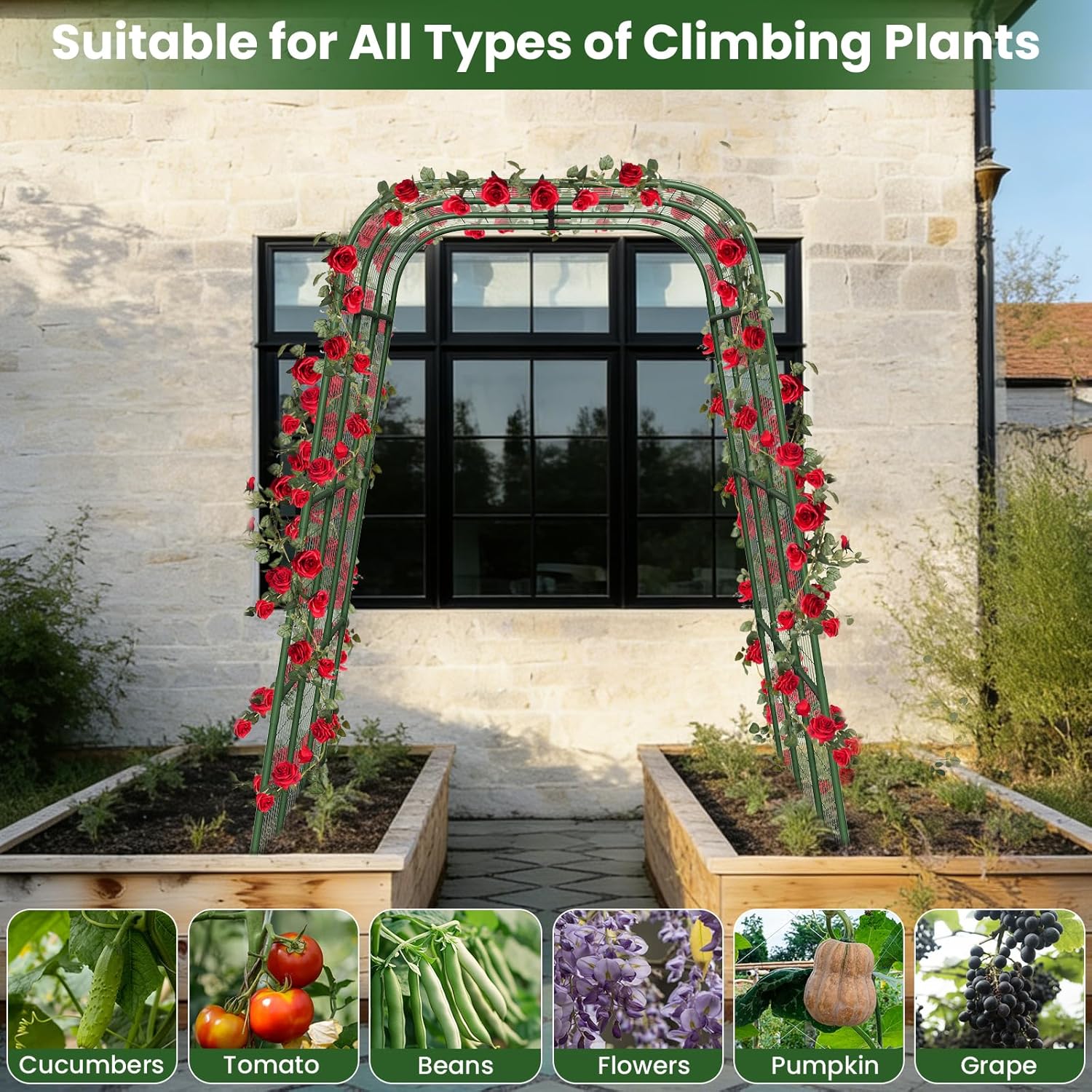 Nexum Cucumber Trellis for Raised Bed, 63"x47.2" U-Shape Garden Trellis for Climbing Plants Outdoor with Climbing Net, Metal Arch Plant Support for Cucumbers Tomatoes Peas Beans