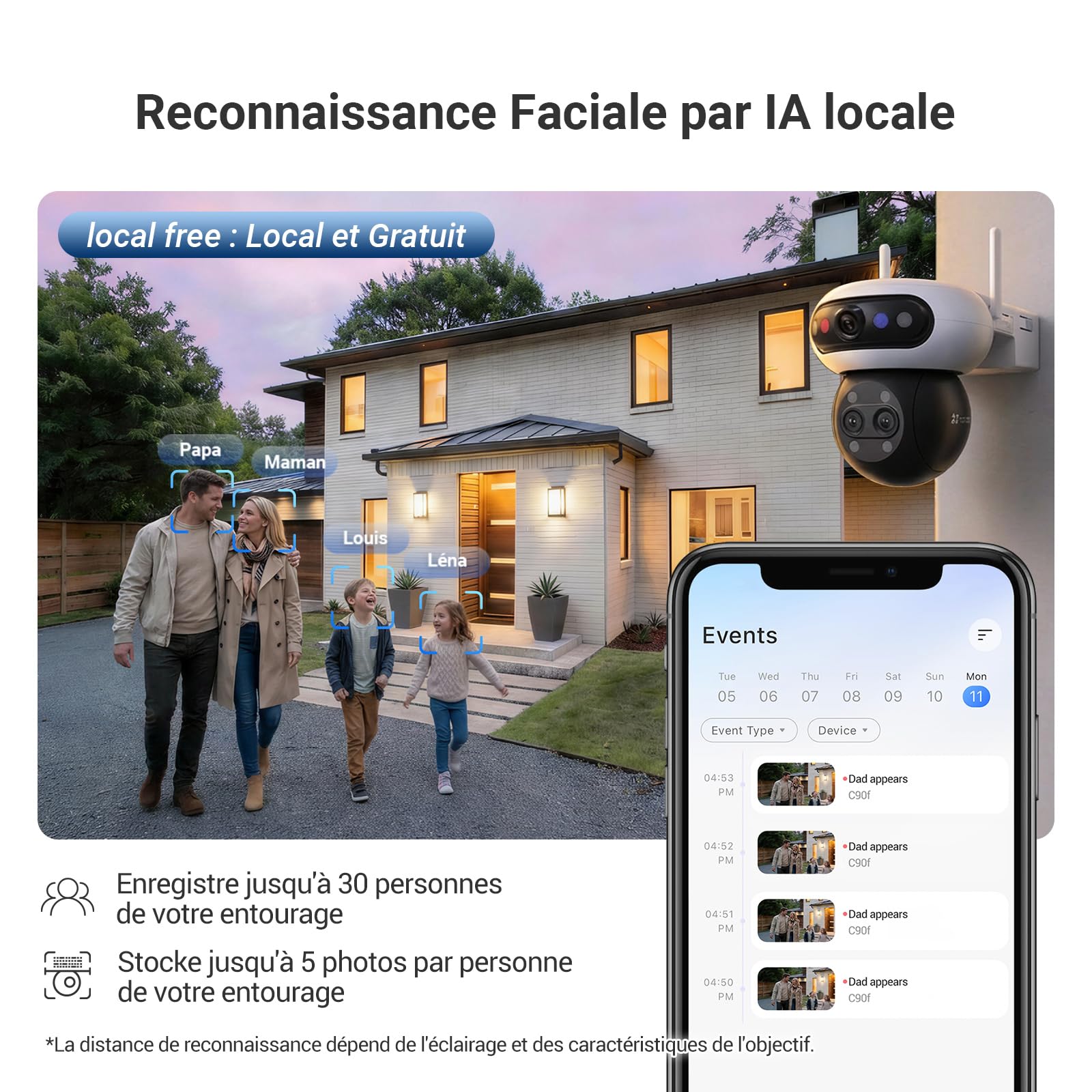 EZVIZ 3K(5MP) x 3 Caméra de Surveillance Extérieure Wi-FI à Triple Objectif, Reconnaissance Faciale Locale, Zoom Hybride x 12, Détection Personne/Véhicule, Vue Nocturne Couleur, Couverture 360°, C90f