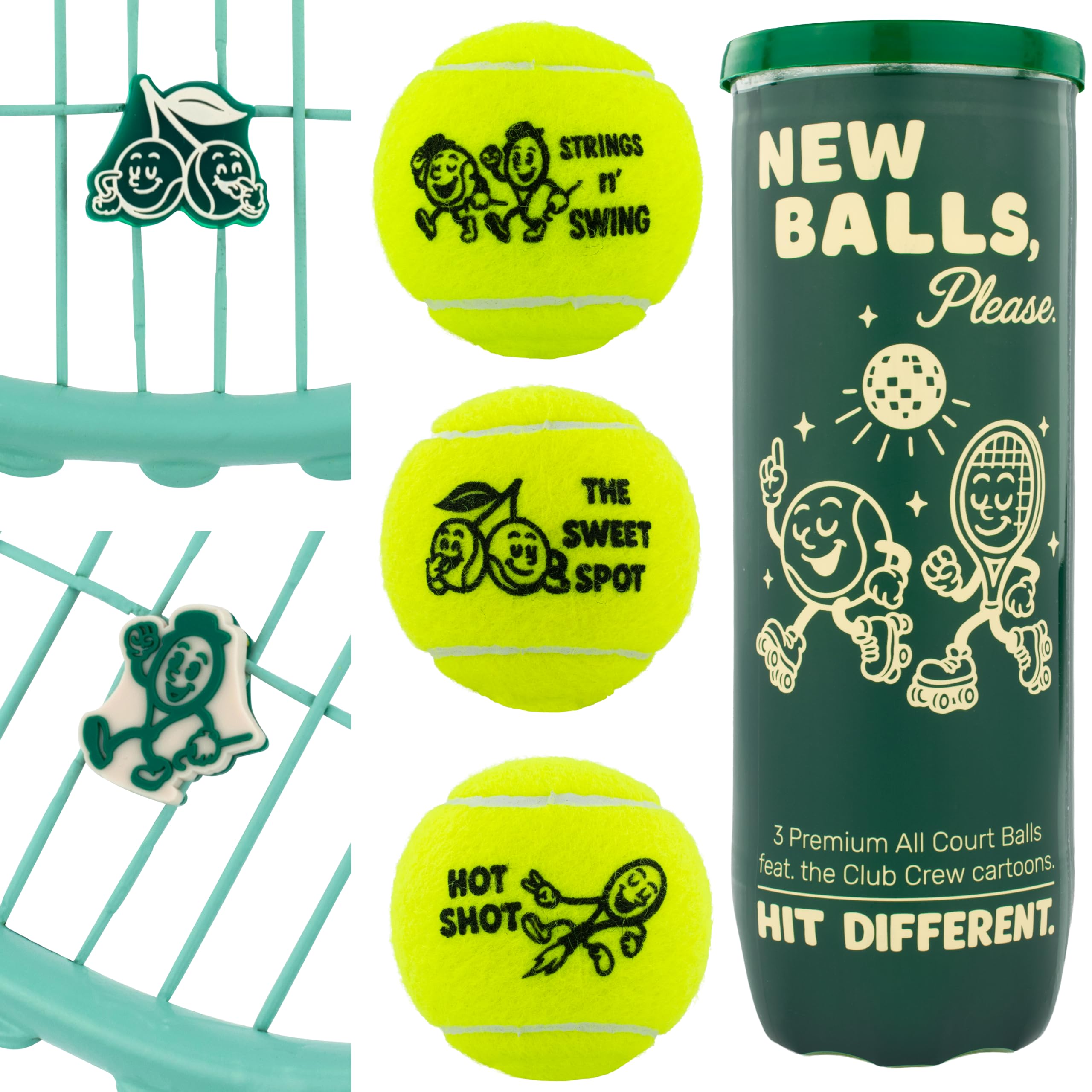 GET A GRIP - Tennis Balls - All Court Pressurised, 3 Ball Tube, Premium Performance, Durable High-Visibility Felt, Fun Cartoon Designs, Ideal Tennis Gift, Club Crew (3-Ball Tube + Dampeners)