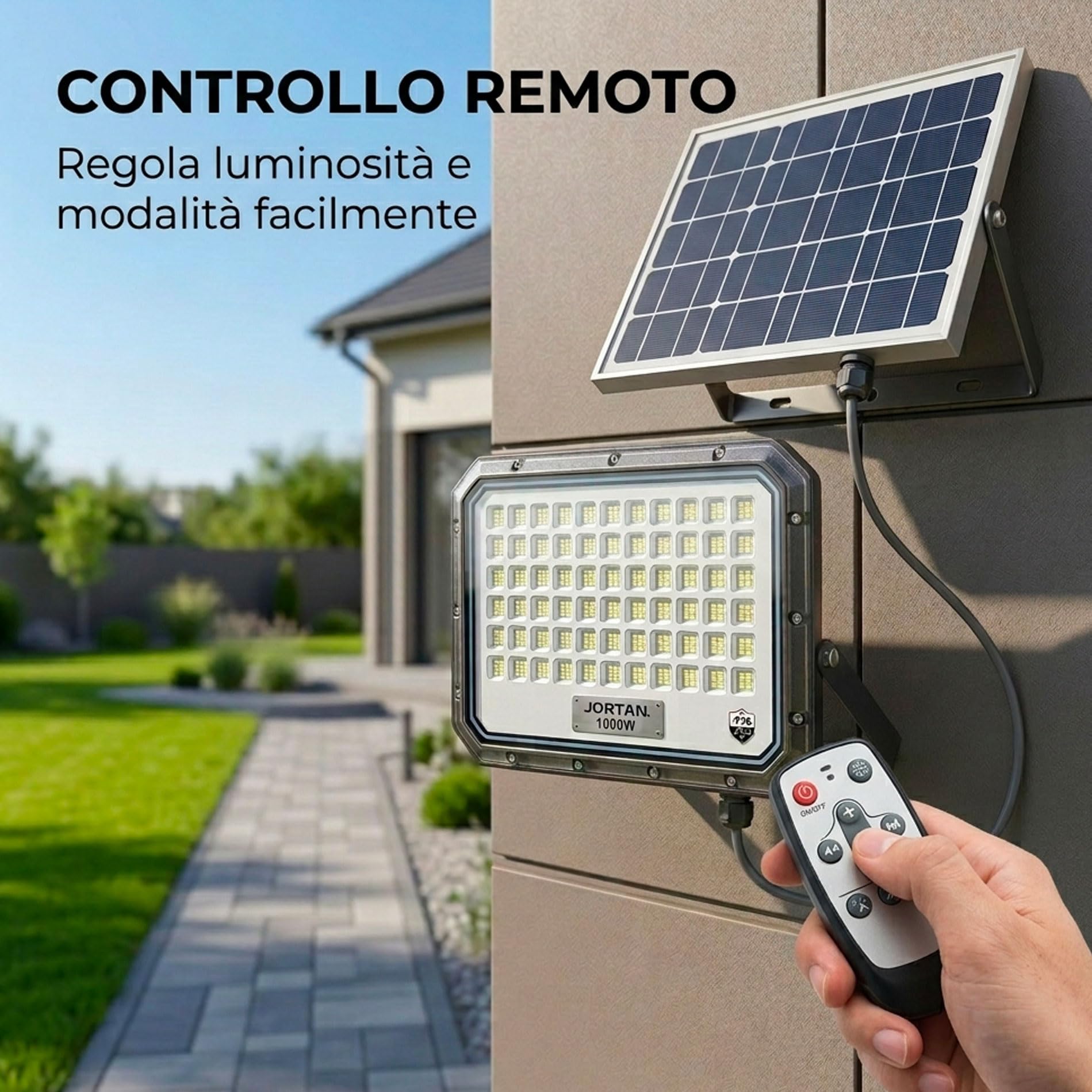 081 Store - Faro Solare LED 1000W da Esterno con Pannello Solare Separato, Faretto LED IP66 Impermeabile con Telecomando, Sensore Crepuscolare Automatico, Luce Solare Giardino Cortile Garage Parcheggi