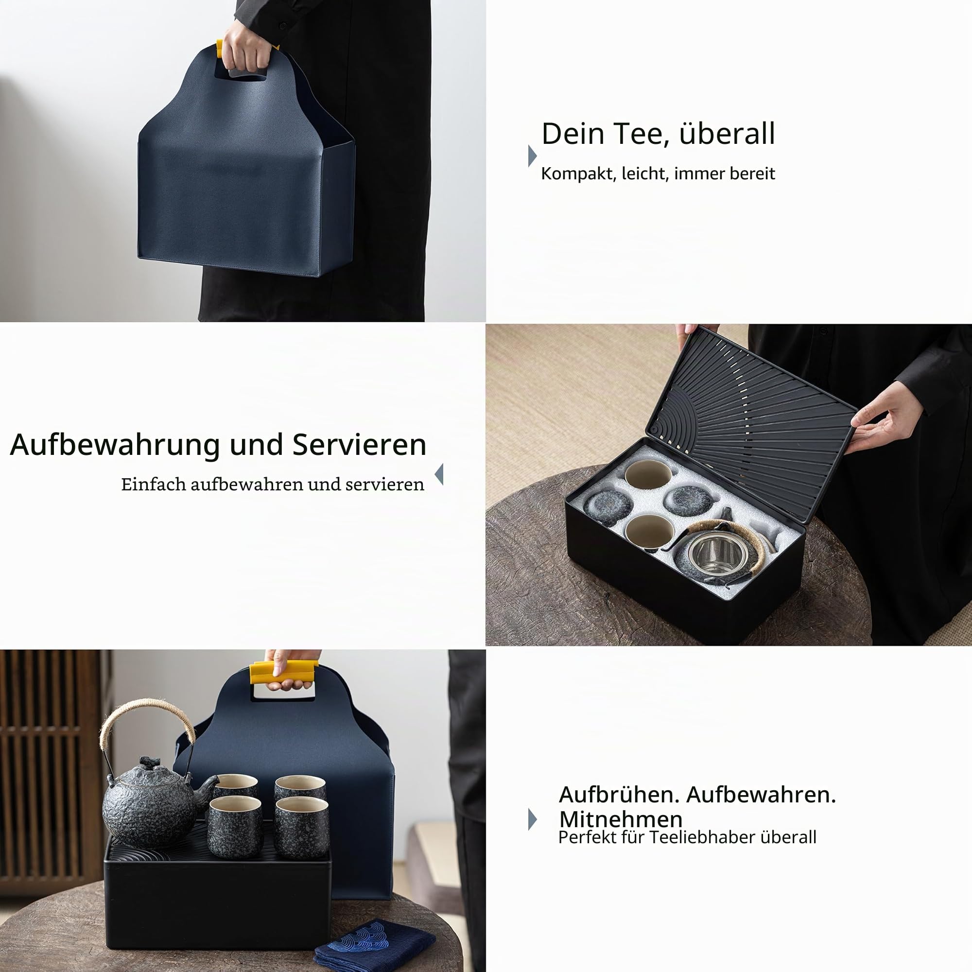 TEANAGOO Teekanne Portable Japanese Tea Set, Charcoal Grey Travel Porcelain Tea Set, 1 Teekanne (700ml/25oz) + 4 Teetassen (205ml/7.2oz), U2, Tea Tray Storage Case, Tee Set Teekanne und Tasse