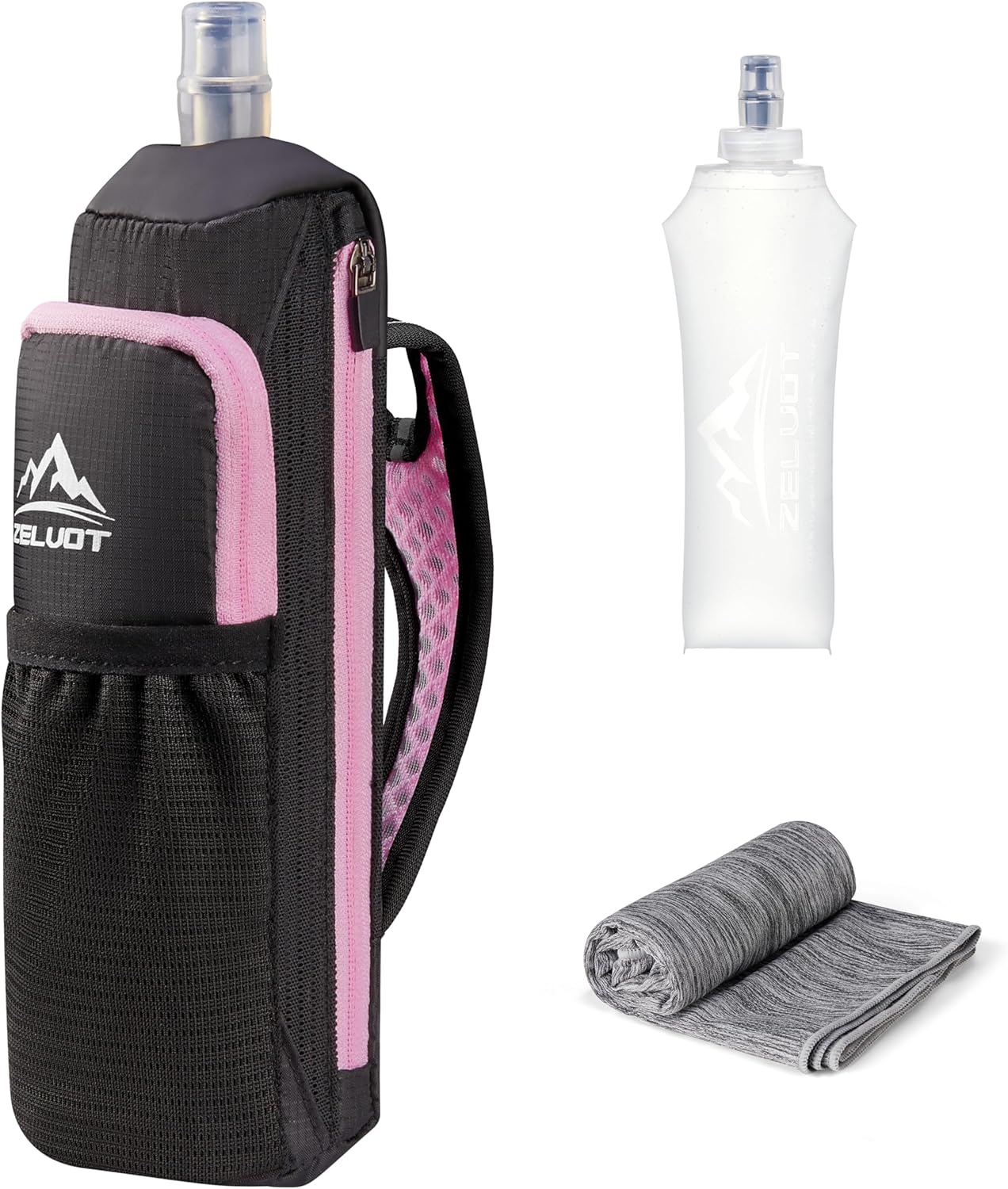 Zelvot Handheld Water Bottle Running, 17 oz Running Water Bottle Hand with Sport Towel and Phone Holder, BPA Free Hand Held Soft Flask with Adjustable Hydration Pack for Runners (Pink)