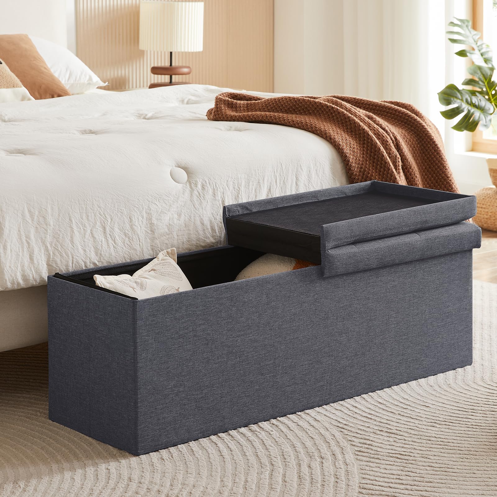 Zedelmaier Sitzbank mit Stauraum, Sitzhocker Faltbar Sitztruhe belastbar bis 300 kg, Deckel klappbar, klappbare Sitztruhe für Wohnzimmer, Flur, Schlafzimmer, 114x38x38 cm, Dunkelgrau