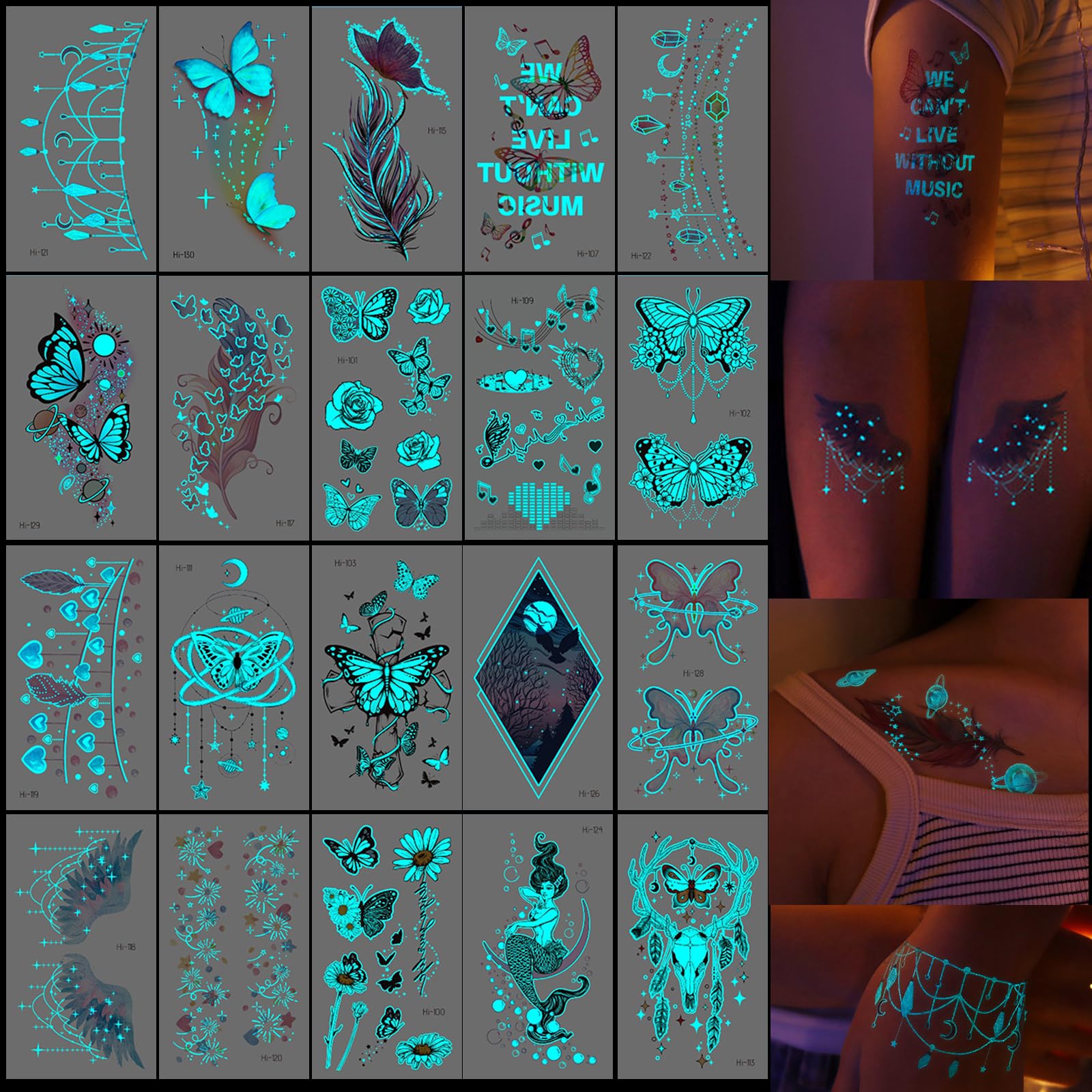 KASESSS 20 Hojas Tatuajes Temporales Adultos Fluorescentes, Tatuajes Temporales Niños, Tatuajes Temporales de Mariposa, Neón Tatuajes, Tattoos Temporales Adultos, Vacaciones Playa Fiestas y Festivales