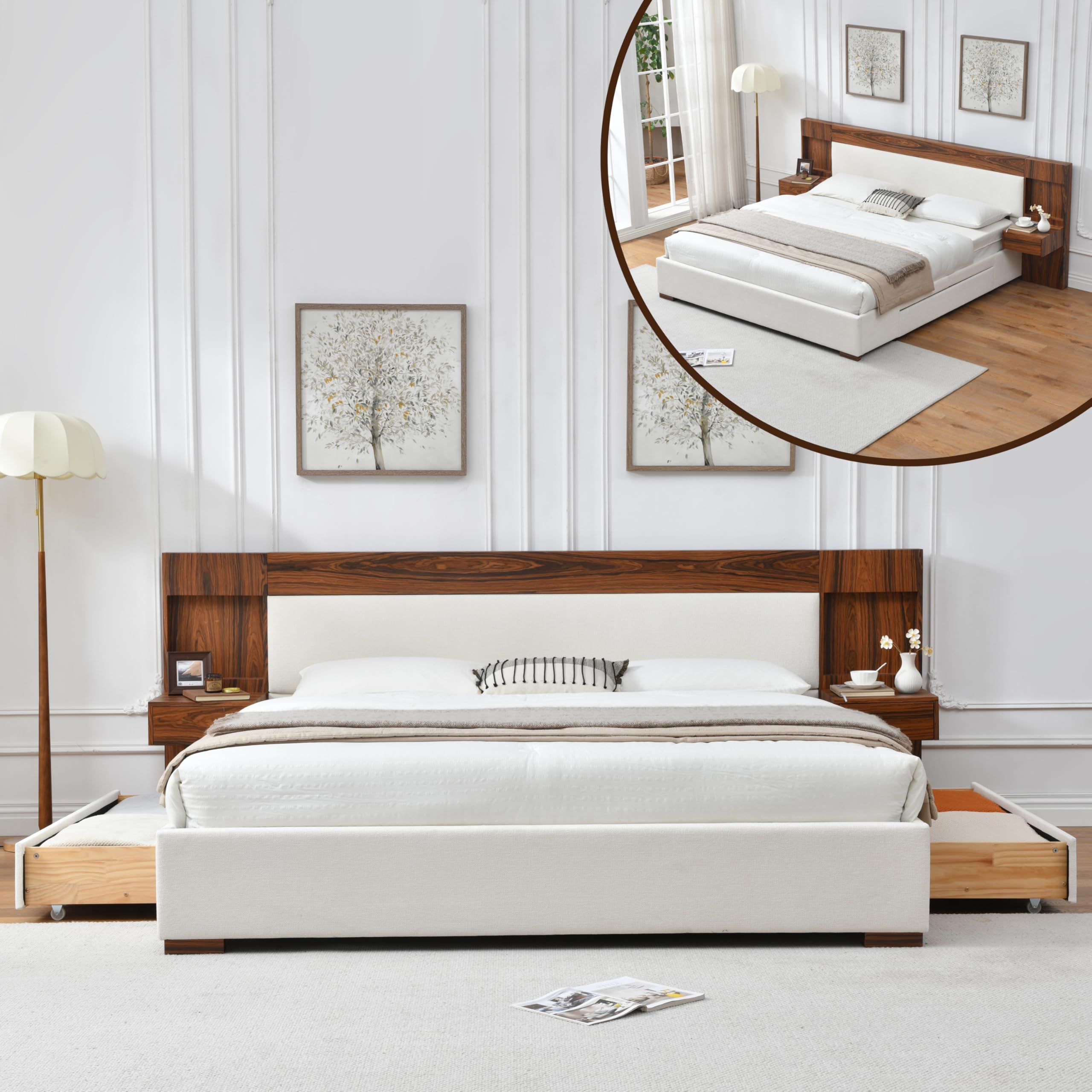 King Size Wood Bed Frame with Built-in Nightstands, Linen Platform Bed Frame with 2 Drawers, Natural Wood Grain & Luxury Upholstered Storage Headboard, No Box Spring Needed, Easy Assembly, Cream