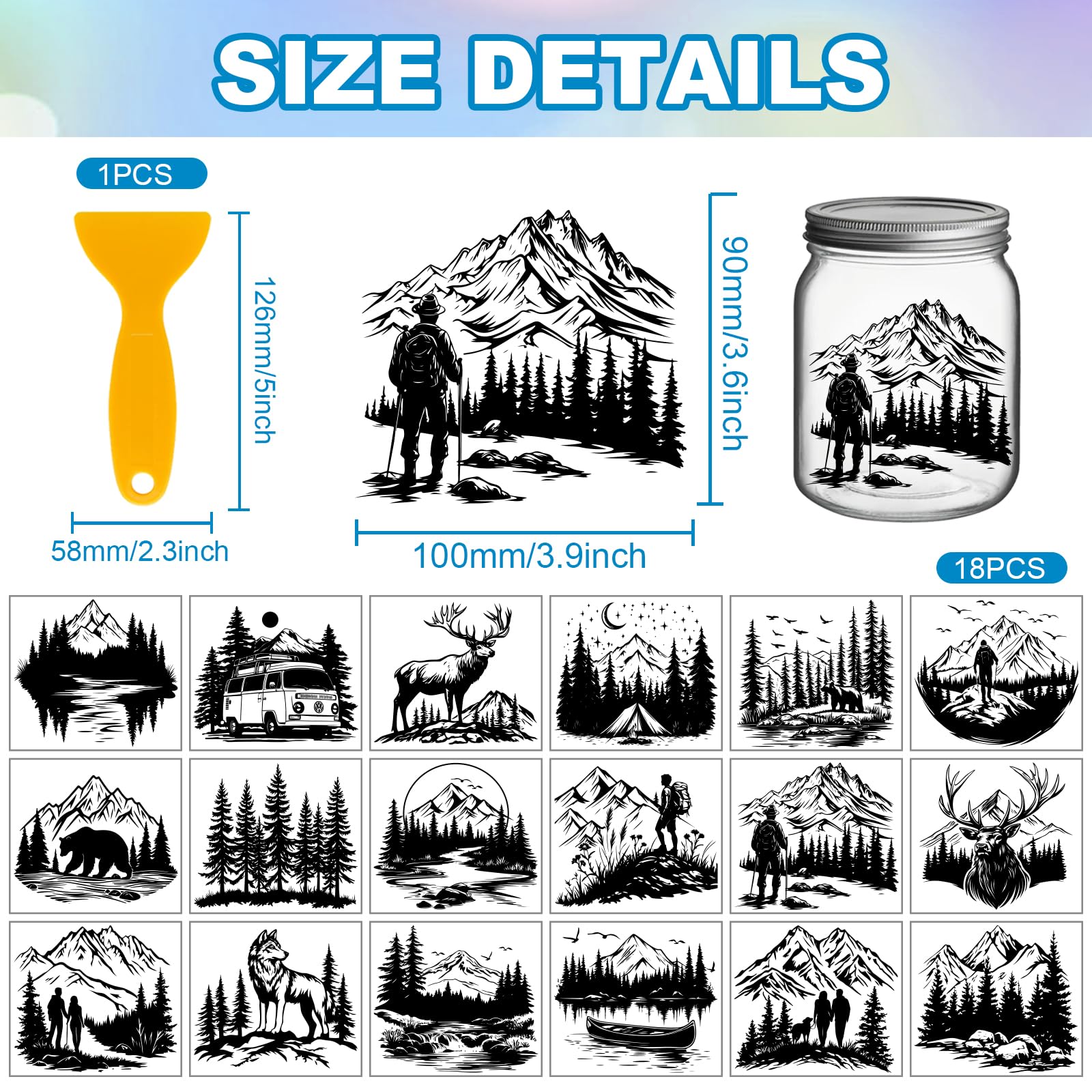 GLOBLELAND 18 Sheets Black and White Forest Mountains Transfer Stickers 3.9x3.6inch Elk Camping Tent Transfer Decal Rub on Transfer for Cup Decal Vase Glass Art Crafts Decorations - Image 2