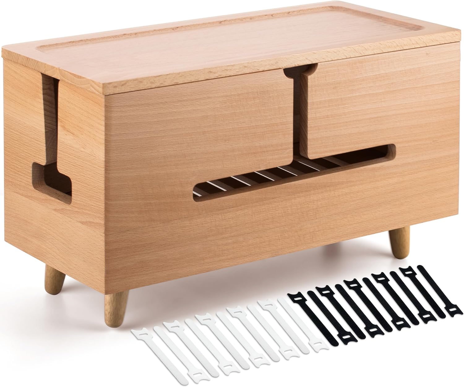 Large Cable Management Box – Organizer for Electrical Cords and Power Strips – Conceal Desk and Floor Cables – Storage Solution for Cord Hider and Organization (Natural Wood)