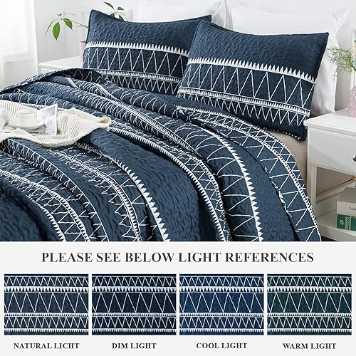 Miniatura 4 de Andency Juego de edredón azul marino Queen (90 x 96 pulgadas), 3 piezas (1 edredón estampado de triángulos a rayas y 2 fundas de almohada), juego de