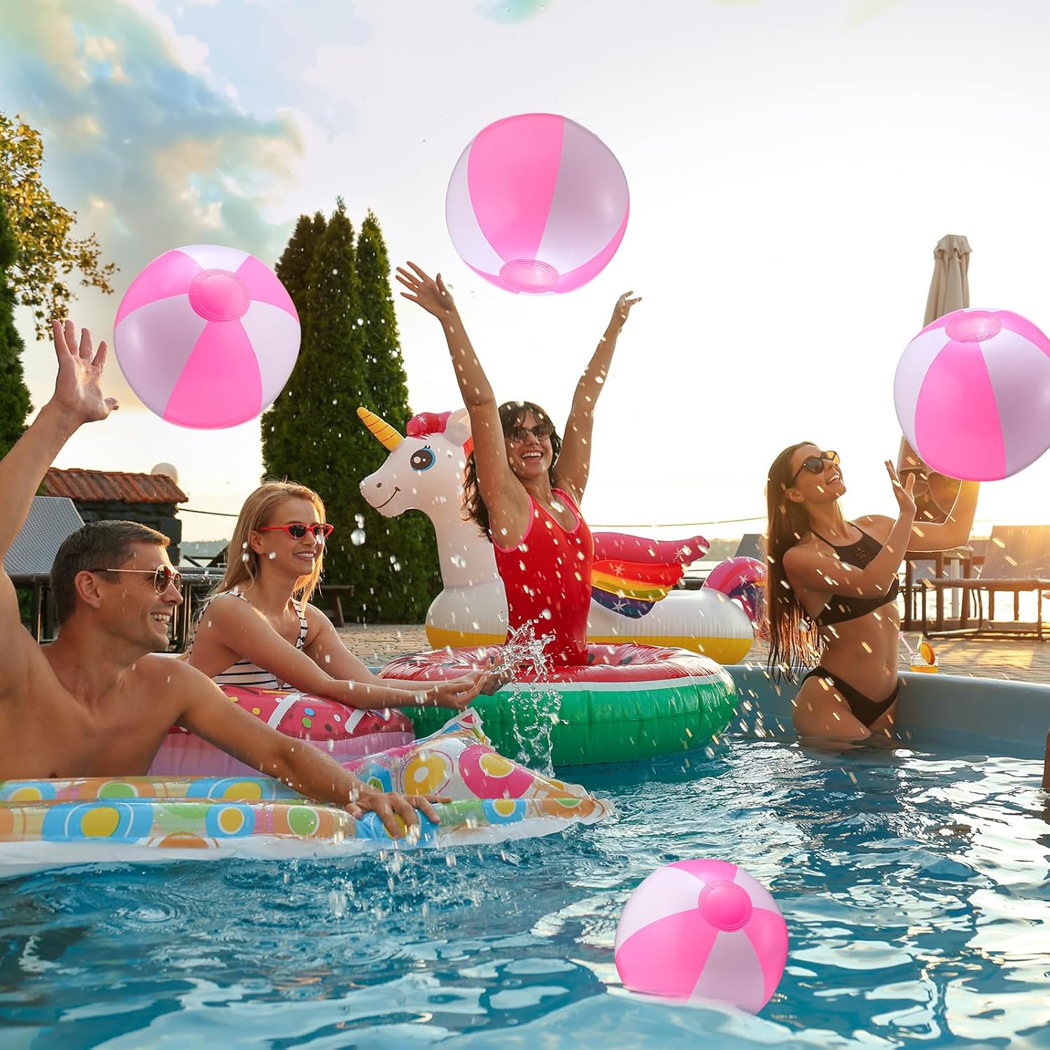 24 Pack 16 Inch Pink and White Inflatable Beach Balls Bulk PVC Beach Balls Blow up Water Games Toys for Kids Summer Swimming Pool Party Favors Hawaiian Tropical Theme Party Supplies