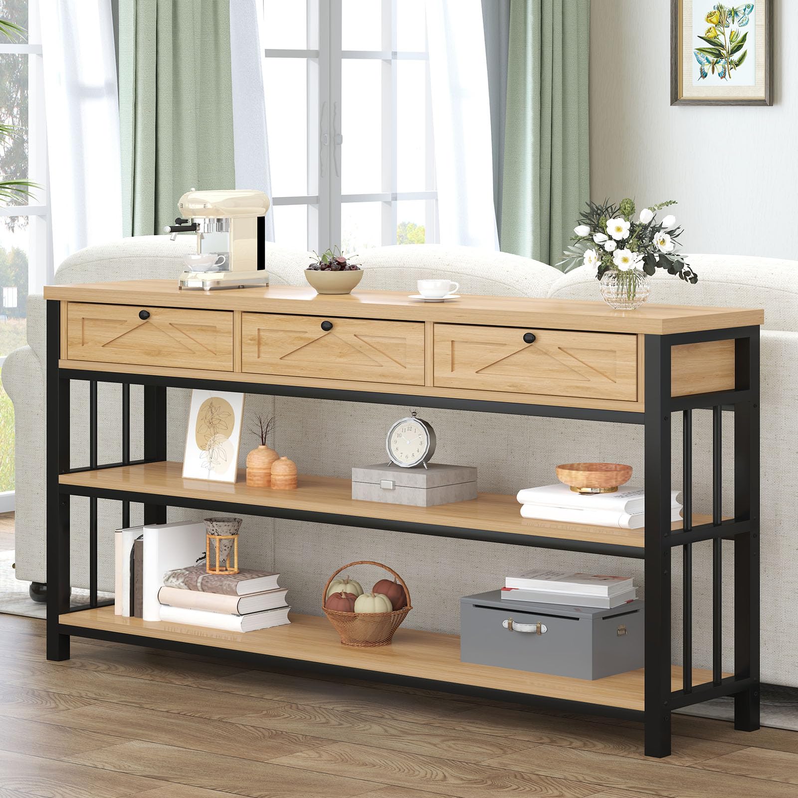 HSH Sofa Table with Storage, 55” Wood Entryway Table with 3 Drawers, 3 Tier Console Table Behind Couch for Living Room, Farmhouse Wooden and Metal Entry Hallway Table for Entrance, Oak, 55 in