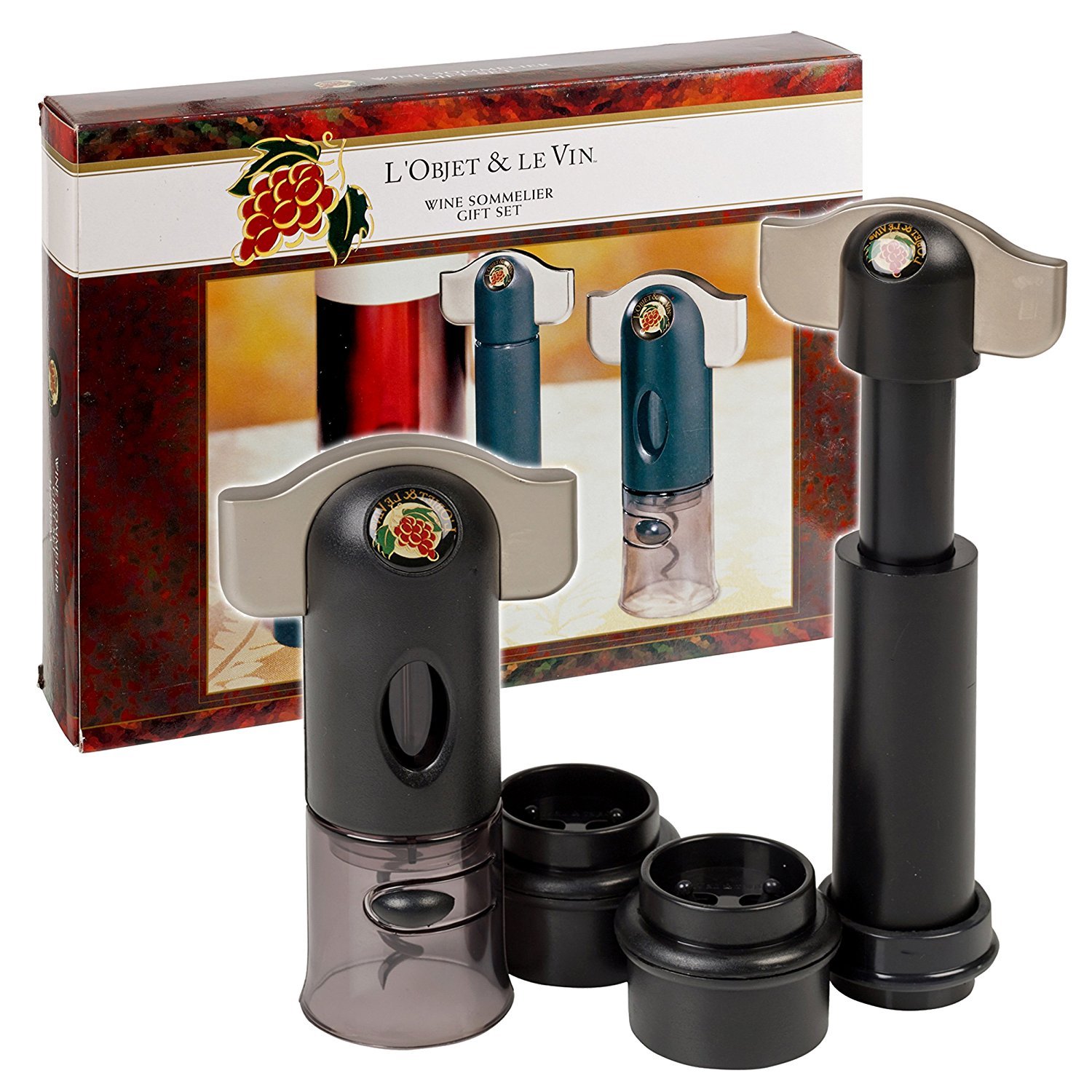 L'objet & Le Vin Black 2 Piece Sommelier Set Wine Corkscrew, Airtight Pump & Stoppers